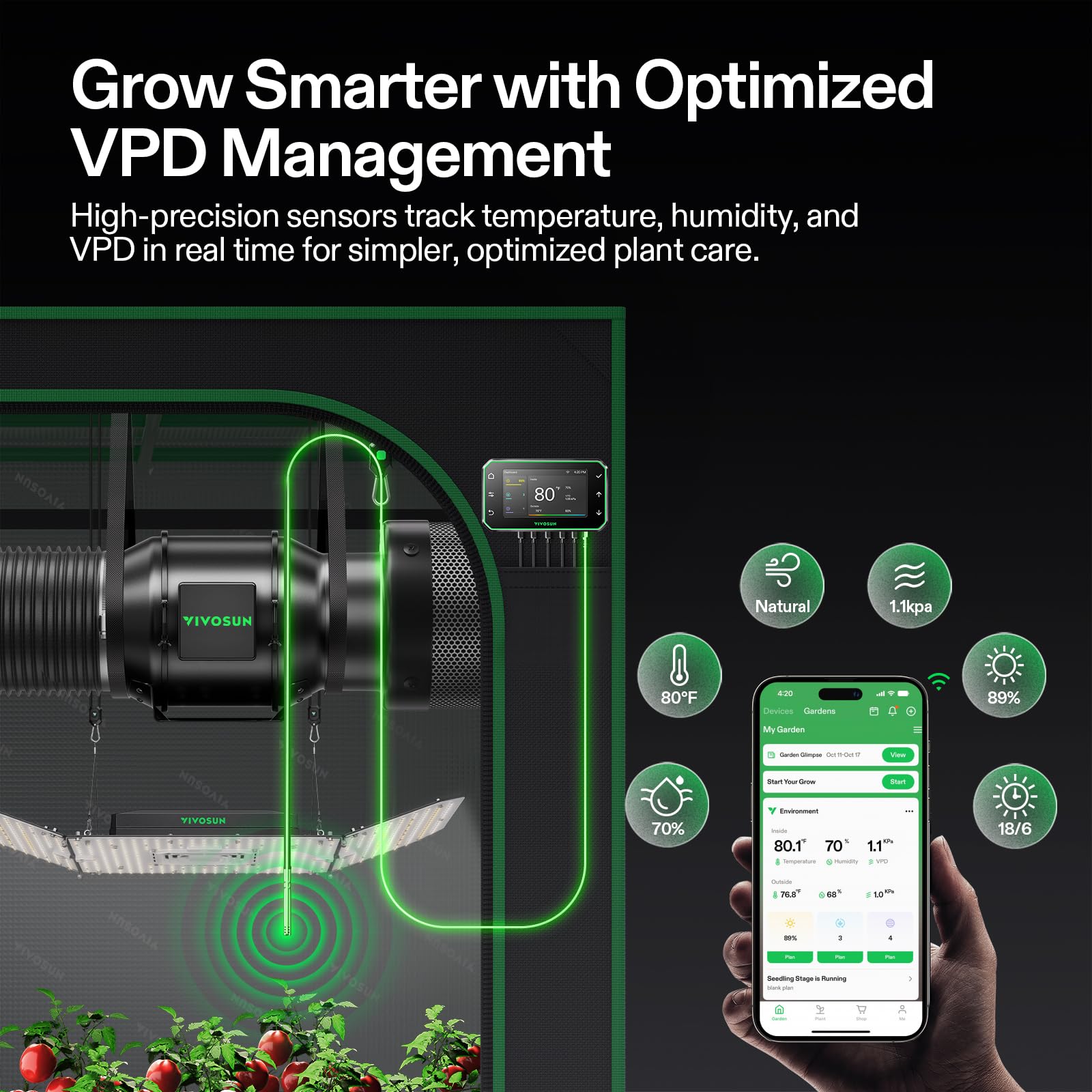 VIVOSUN VPD monitor graph visualizes environmental trends.