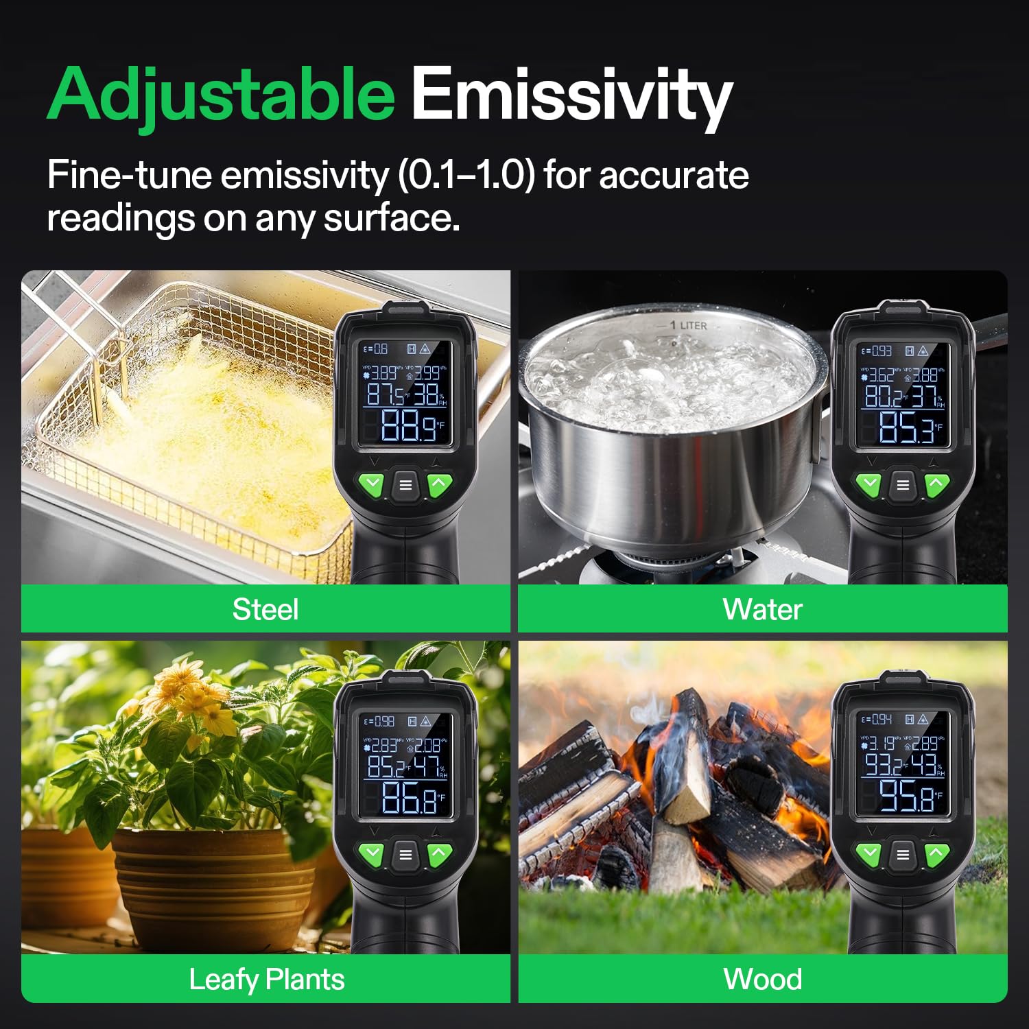VIVOSUN VPD thermometer emissivity control enables accurate measurements on various surfaces.