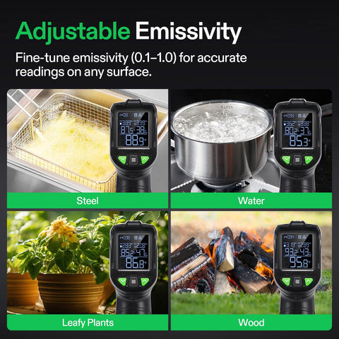 VIVOSUN VPD thermometer emissivity control enables accurate measurements on various surfaces.