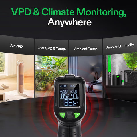 VIVOSUN VPD thermometer leaf VPD chart showcases plant-friendly moisture and airflow monitoring.