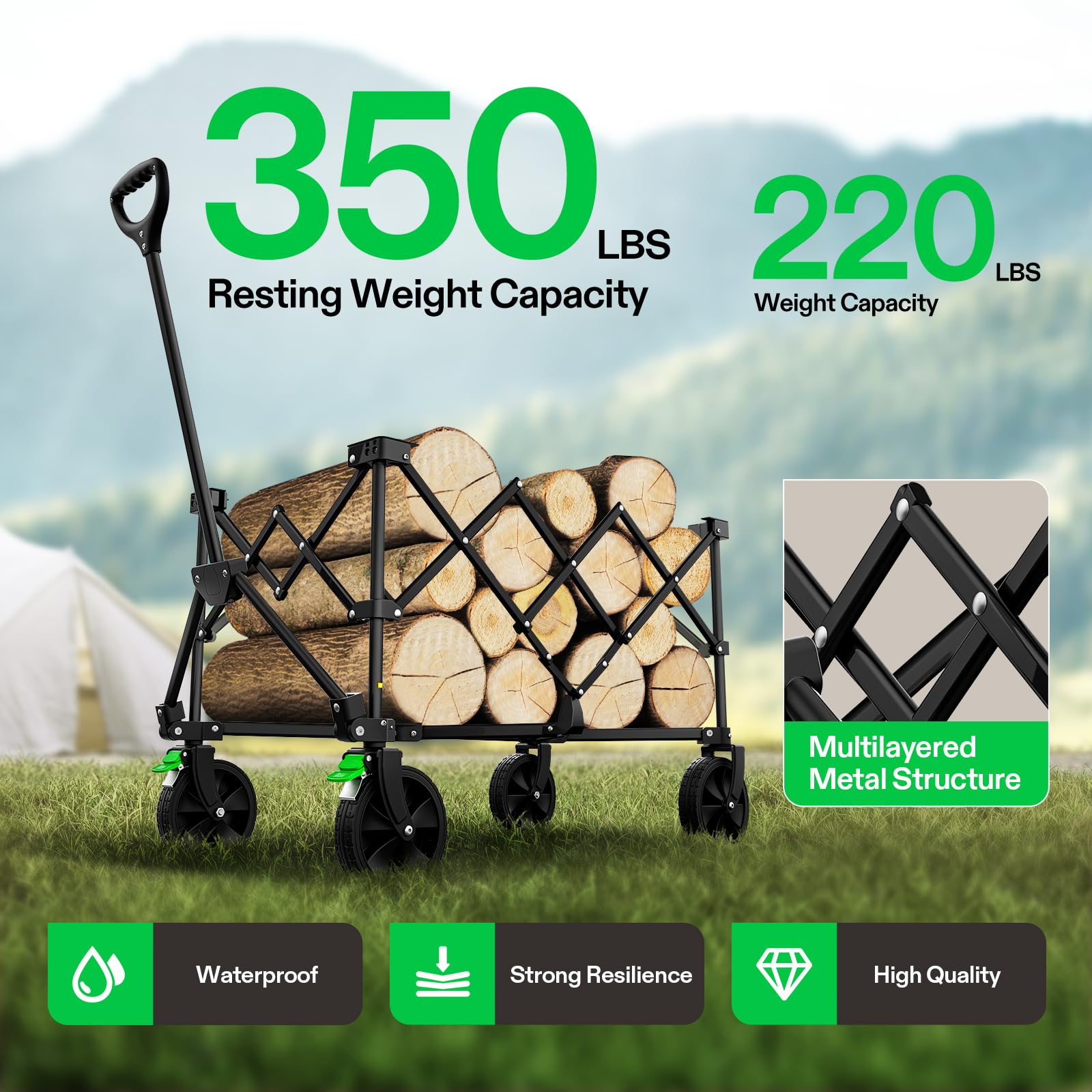 VIVOSUN collapsible wagon 350lb capacity supports heavy camping loads.