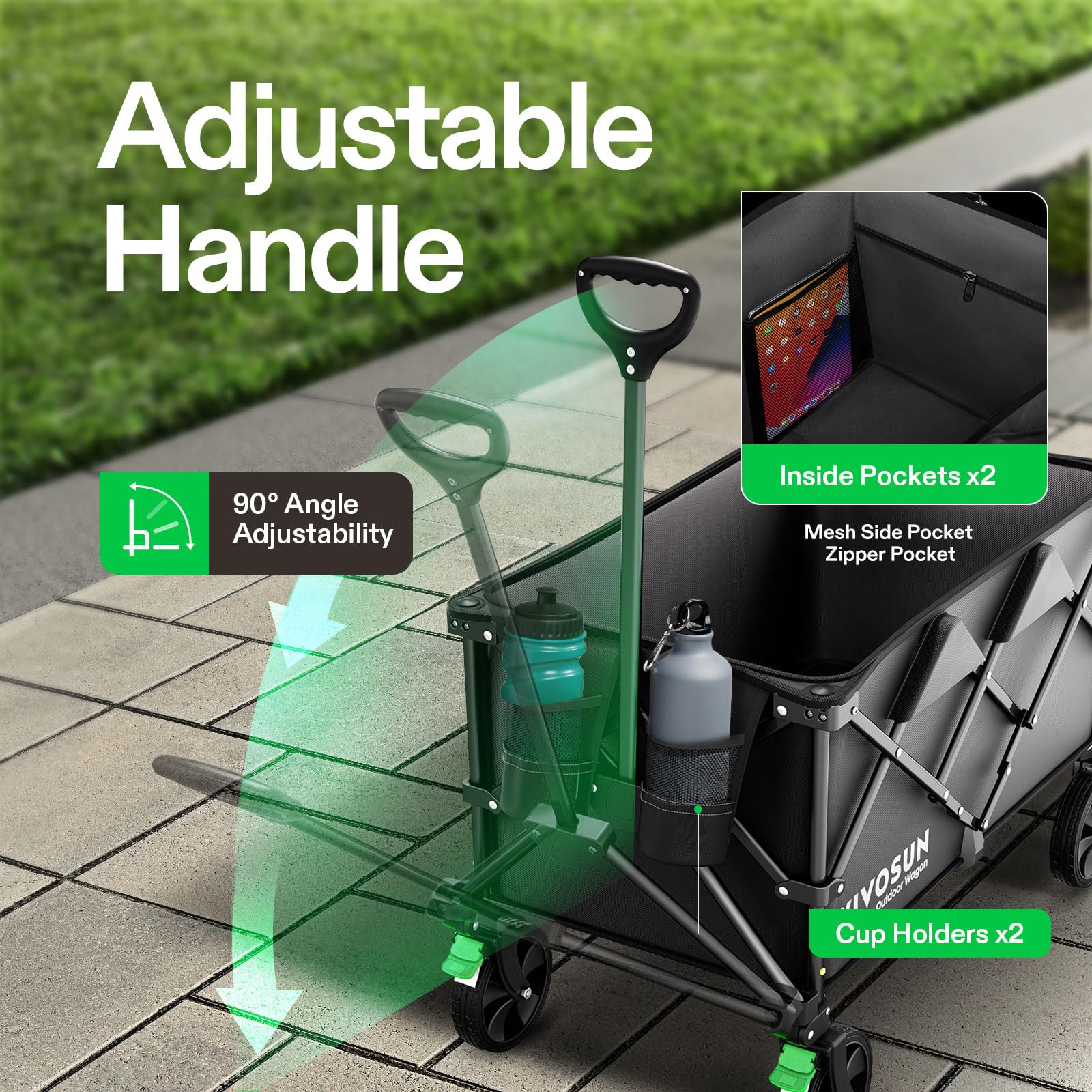 VIVOSUN collapsible wagon adjustable handle for easy pushing and locking.
