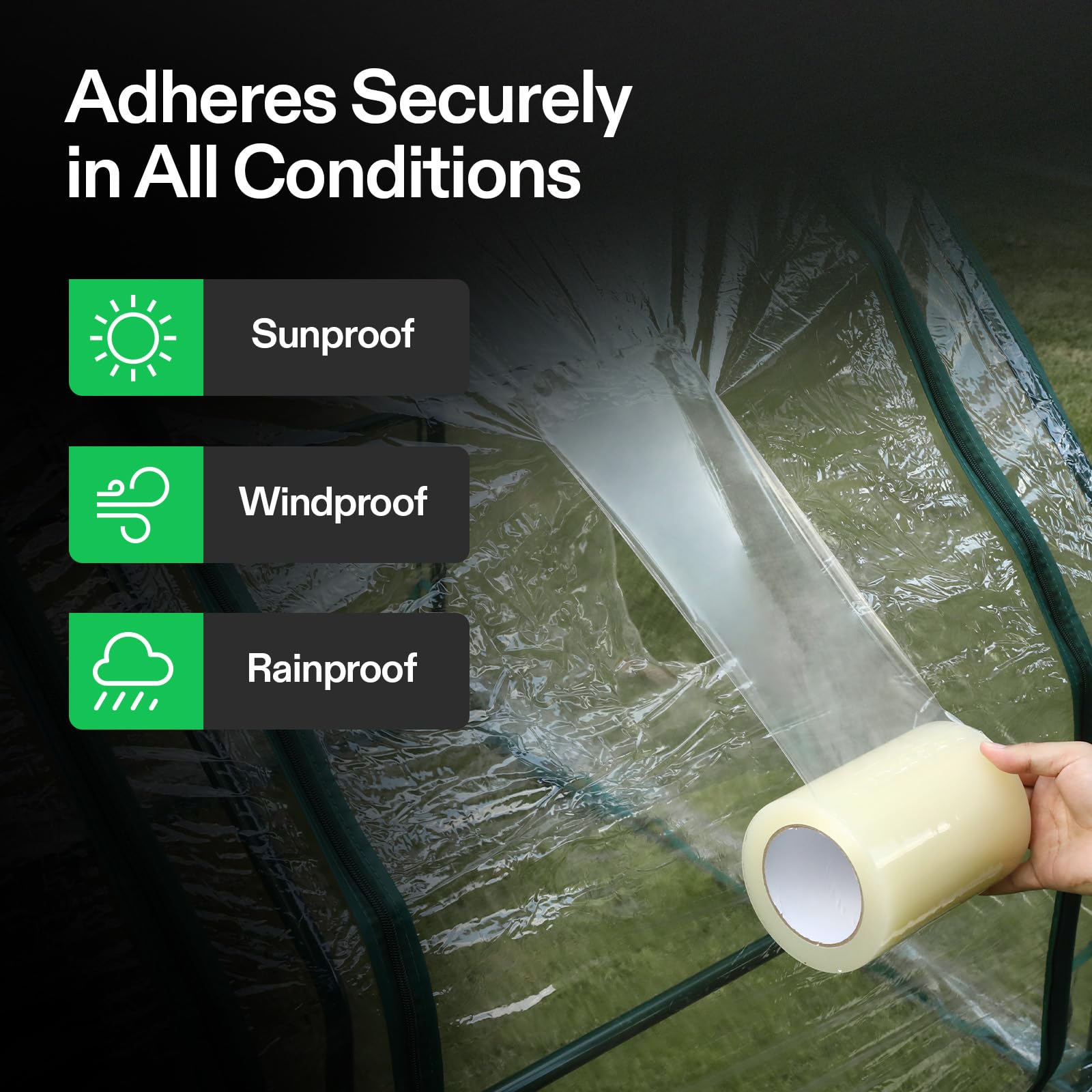 VIVOSUN weatherproof tape on plastic sheeting demonstrates wind-resistant sealing.