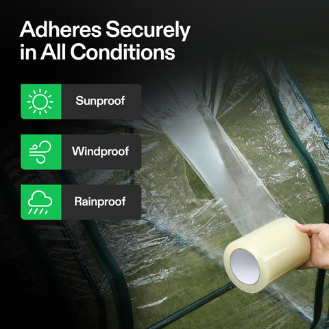 VIVOSUN weatherproof tape on plastic sheeting demonstrates wind-resistant sealing.