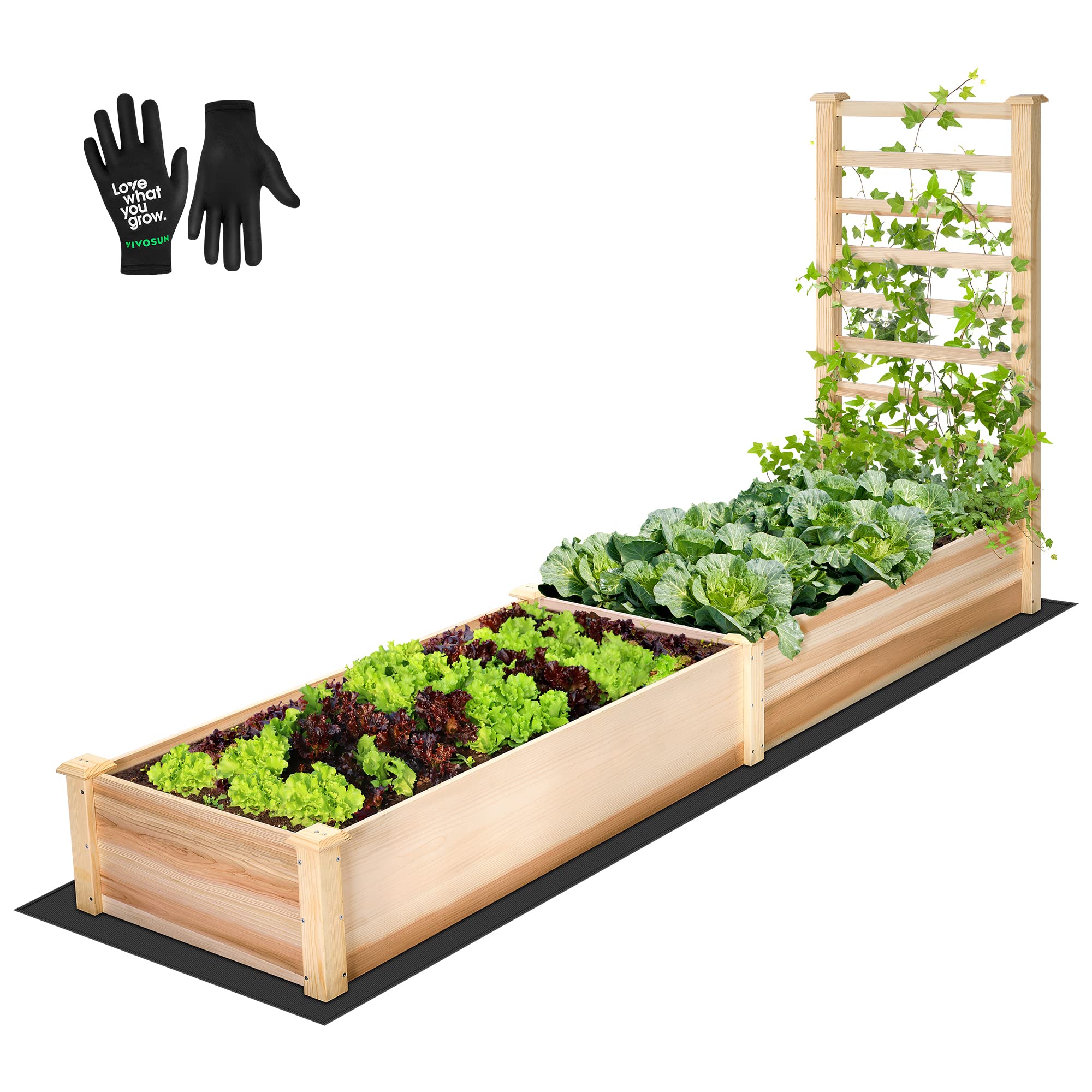 VIVOSUN wooden raised garden bed with built-in trellis for climbing plants.