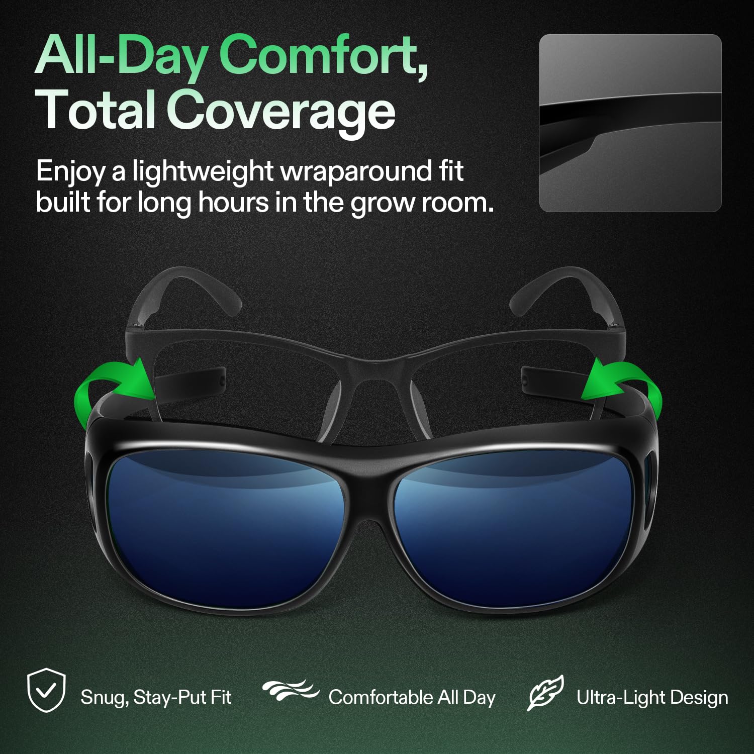 VIVOSUN wraparound-fit grow room glasses comfortably over prescription eyewear