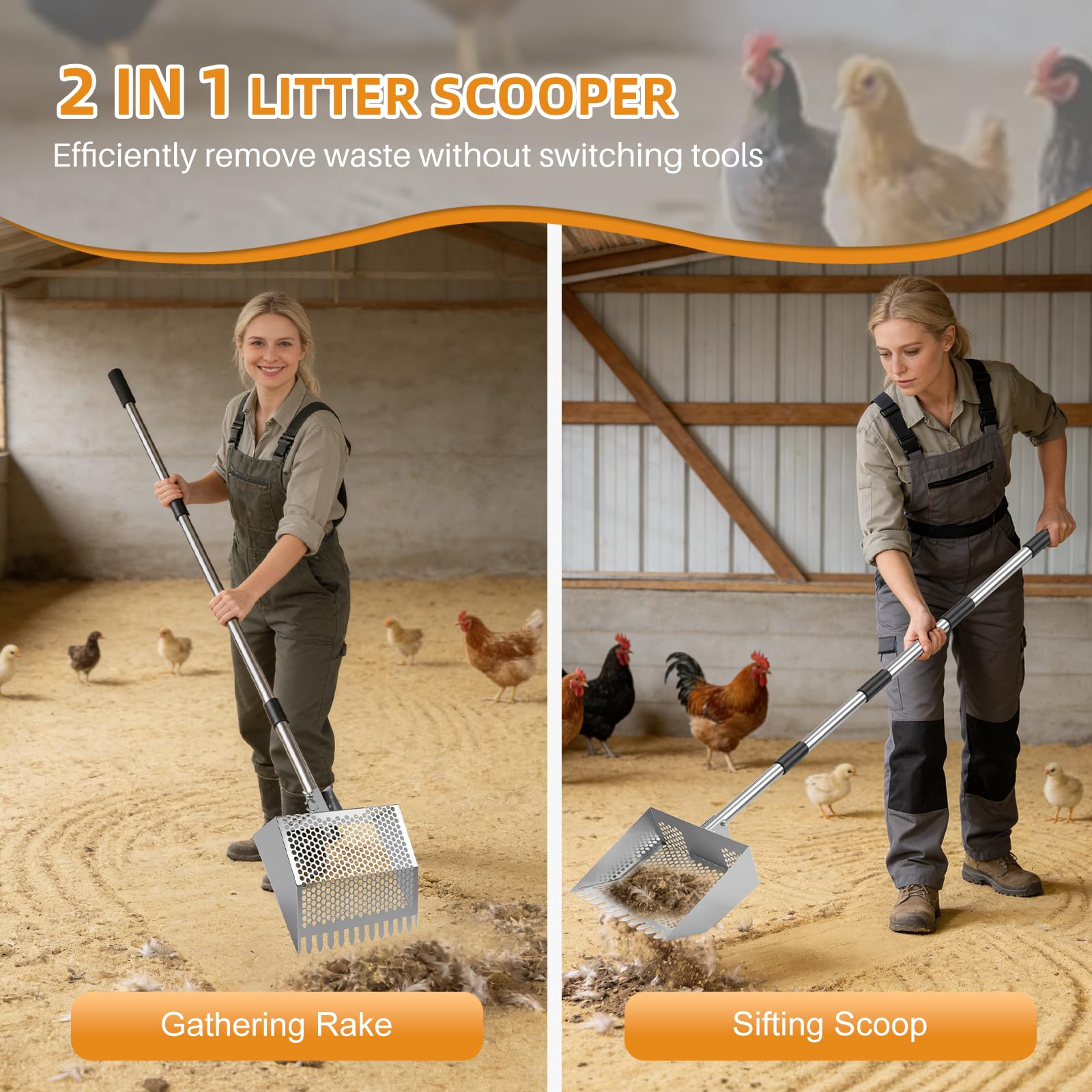 10-inch wide metal head increases capacity for faster coop cleanup