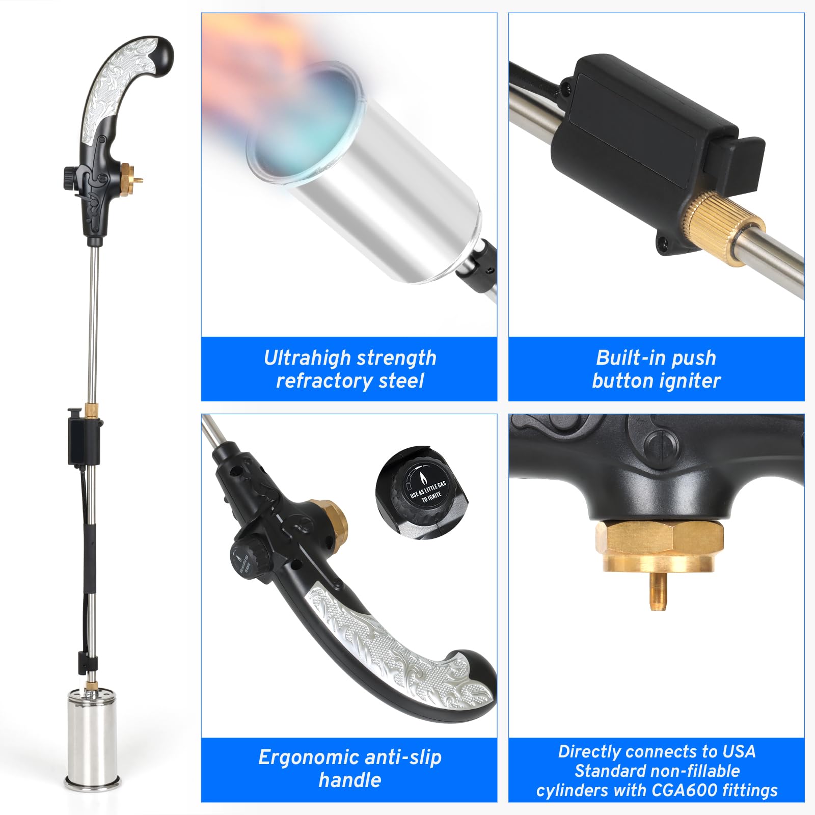 Vixflux propane torch ergonomic handle provides comfortable grip and precise control.
