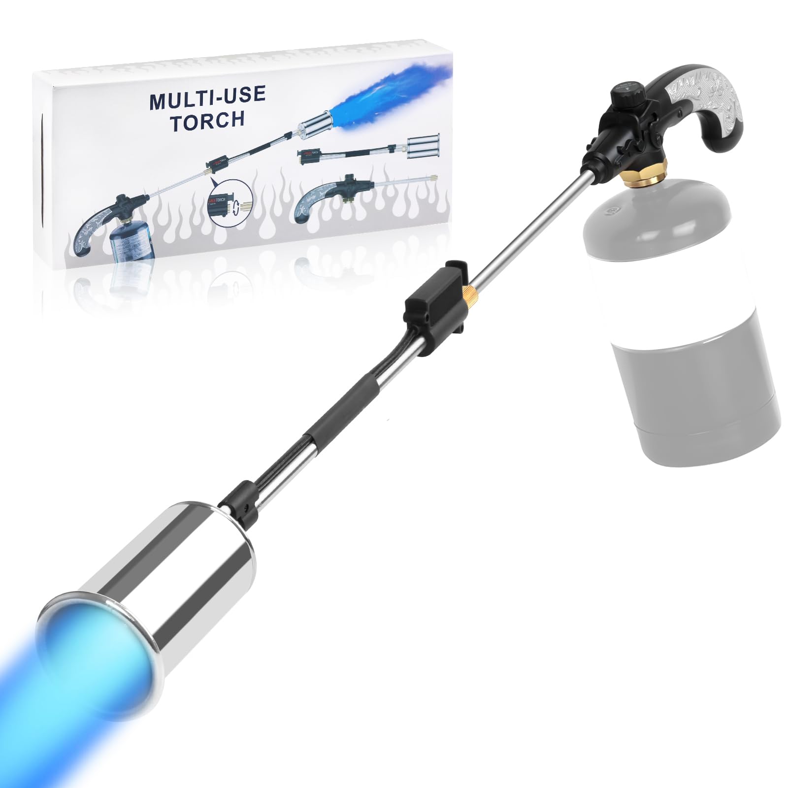 Vixflux propane torch weed burner with 30-inch extended arm for easy weed control.