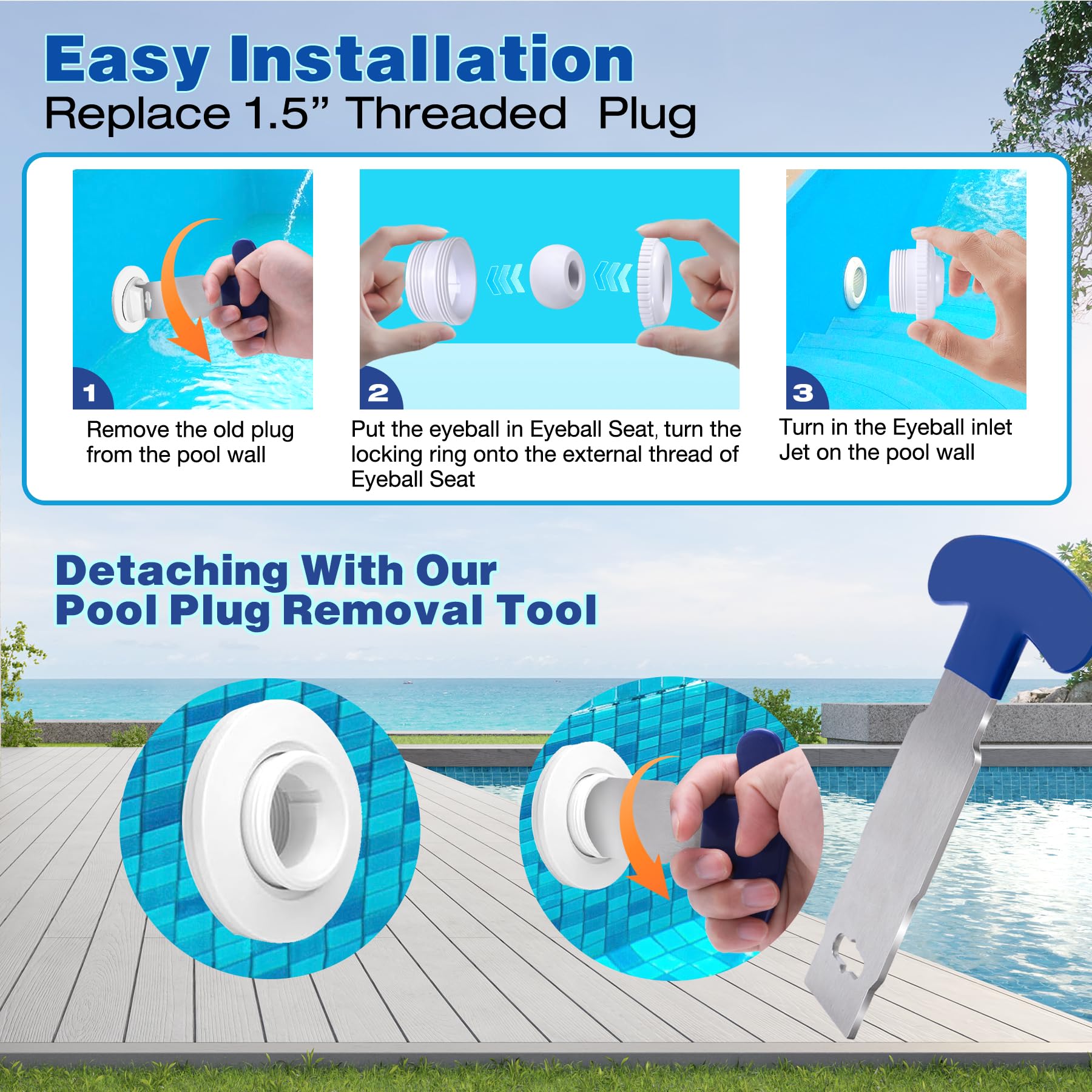 Vizava upgraded metal wrench for easy pool jet plug removal.