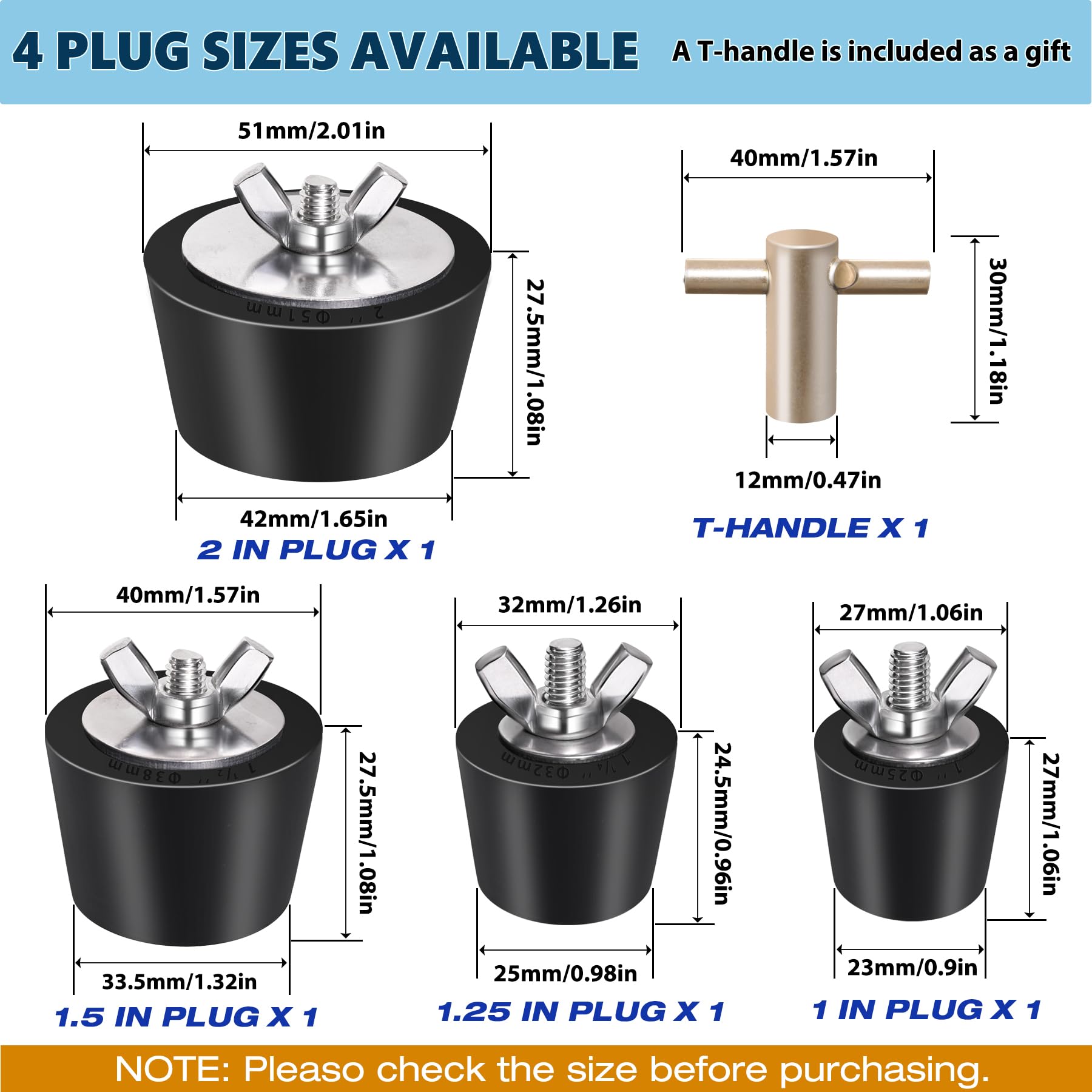 Vizava 1.25in rubber pool plug with T-handle for quick tool-free installation