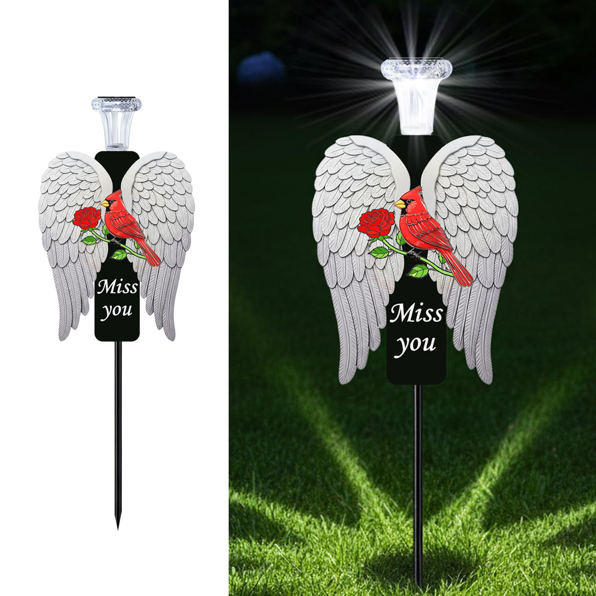 VKEVOC Solar Angel Wings Stake with cardinal lights graves at night