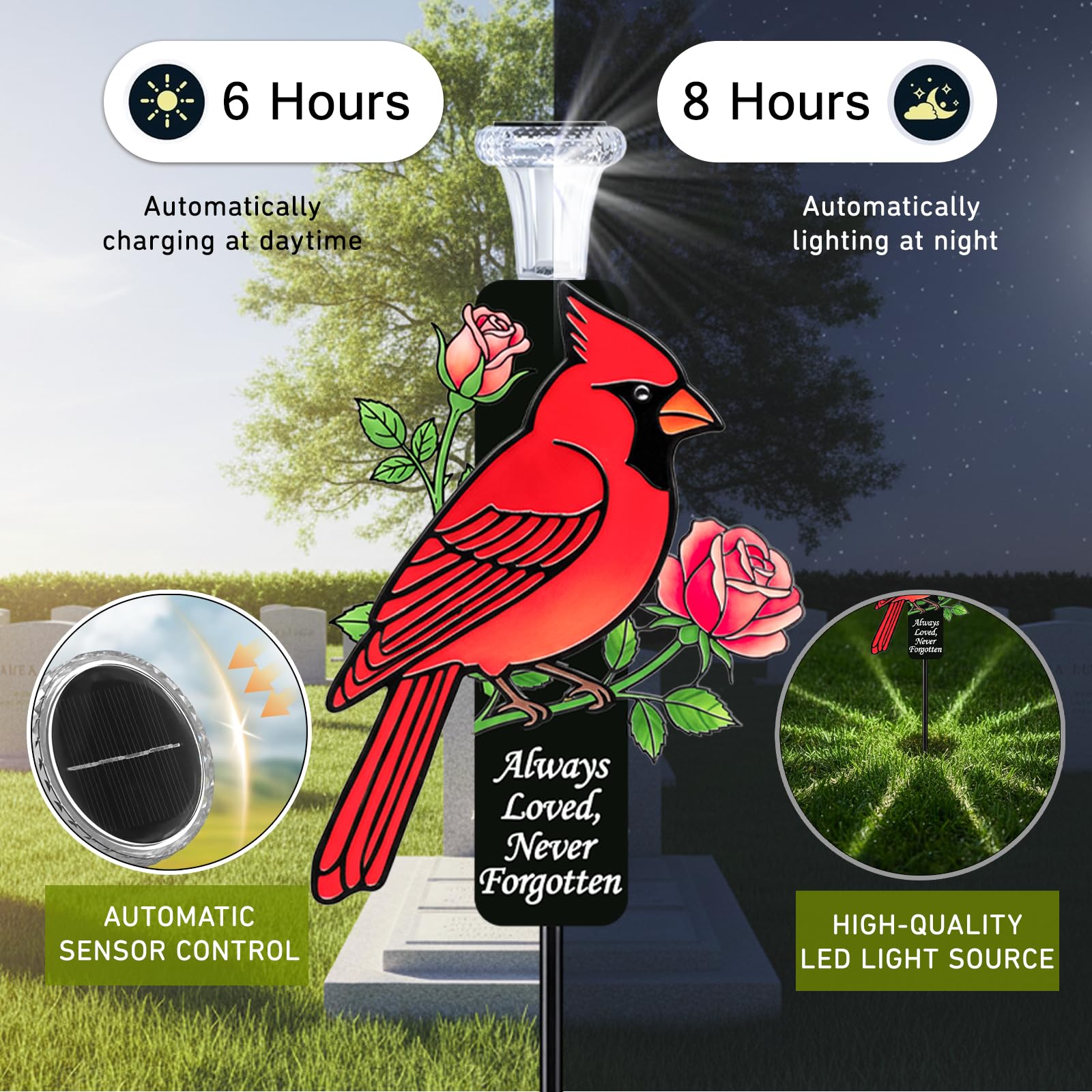 VKEVOC dusk-to-dawn LED light provides gentle illumination for paths and headstones.