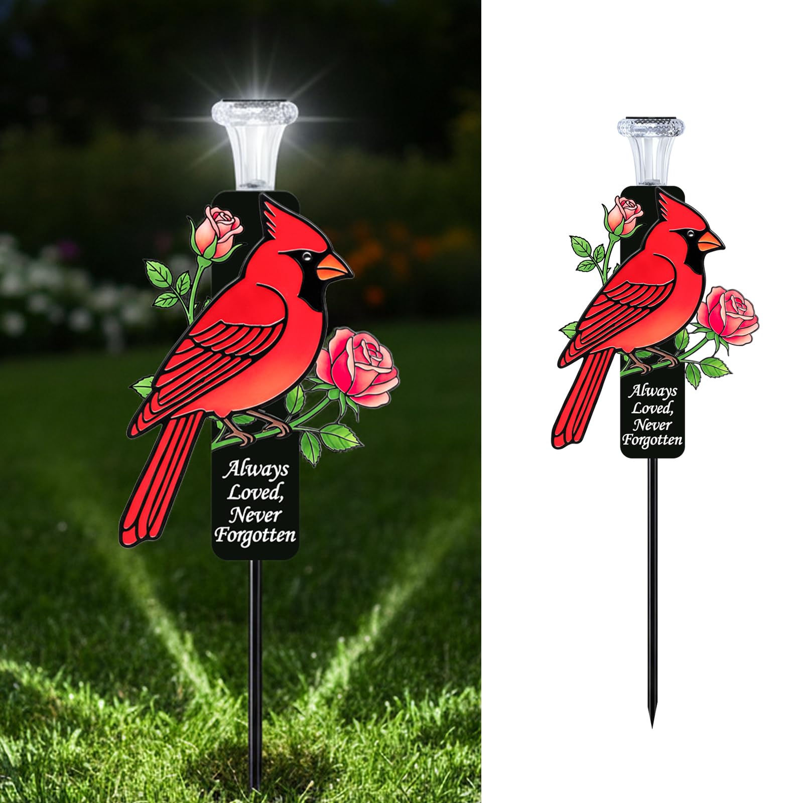 VKEVOC solar cardinal marker with red cardinal lit, ideal for graves and remembrance.
