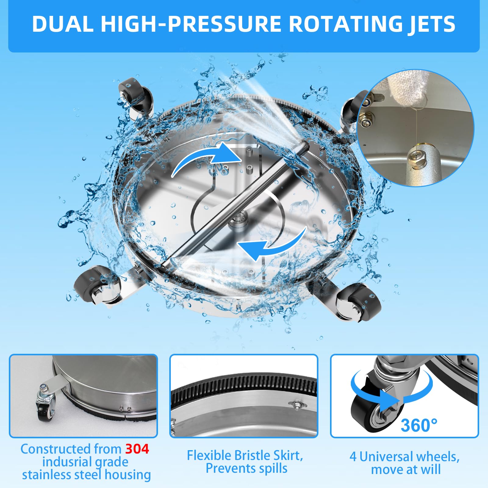 Vlaeng 360-degree wheel system enables easy maneuvering on large concrete areas.