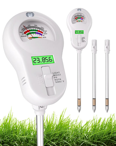 Vlantro 6-in-1 soil meter probes visible, quick readings for garden soils.