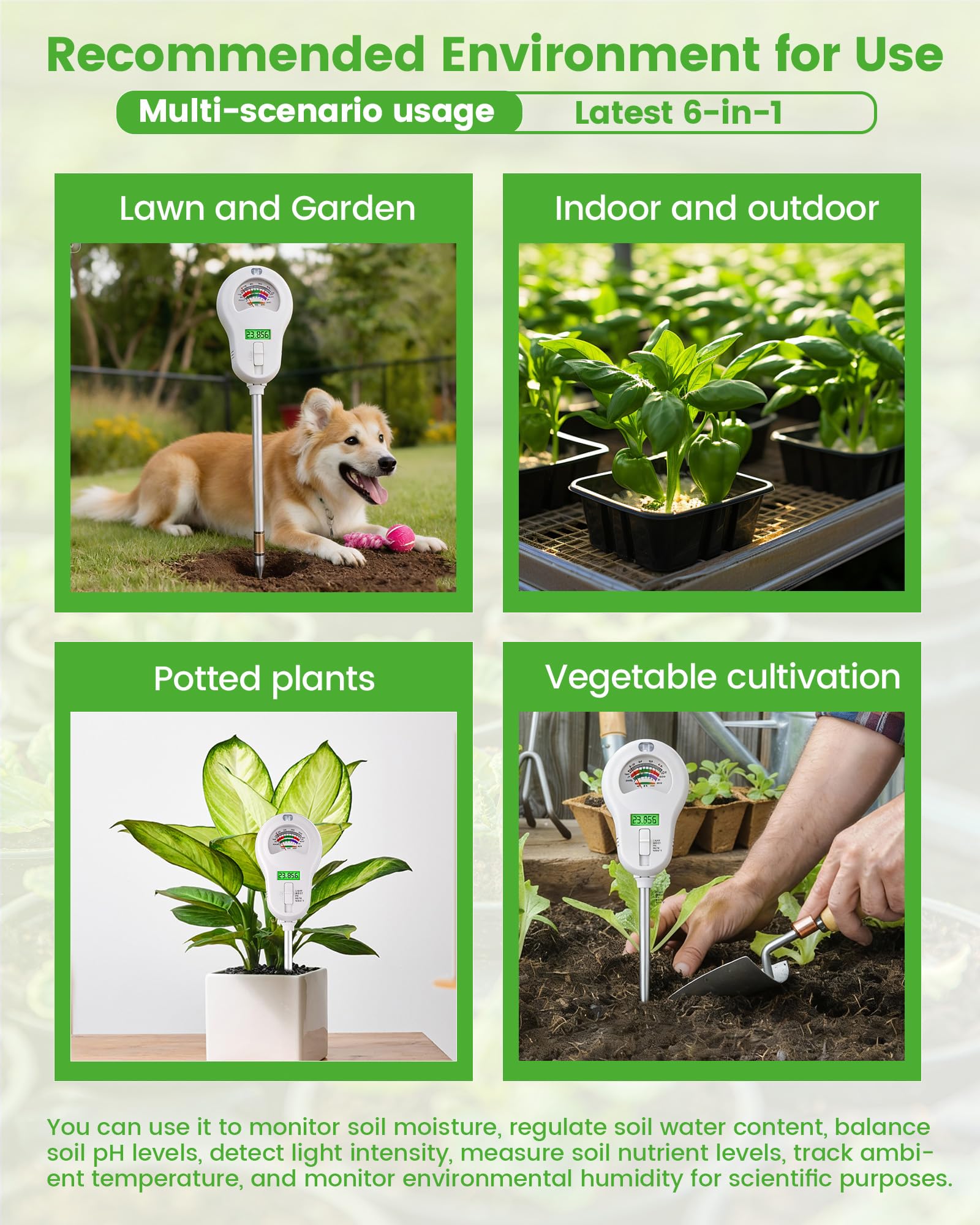 Vlantro compact handheld soil tester held for portable gardening aid.