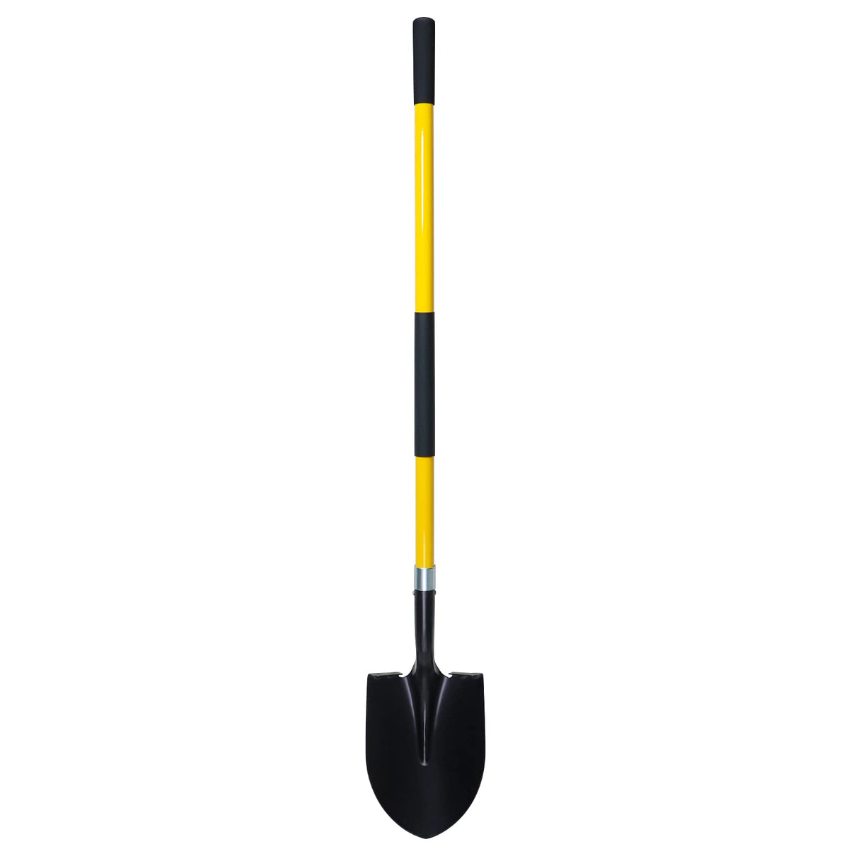 VNIMTI heavy-duty shovel with 56-inch round blade and yellow fiberglass handle, ideal for deep digging.