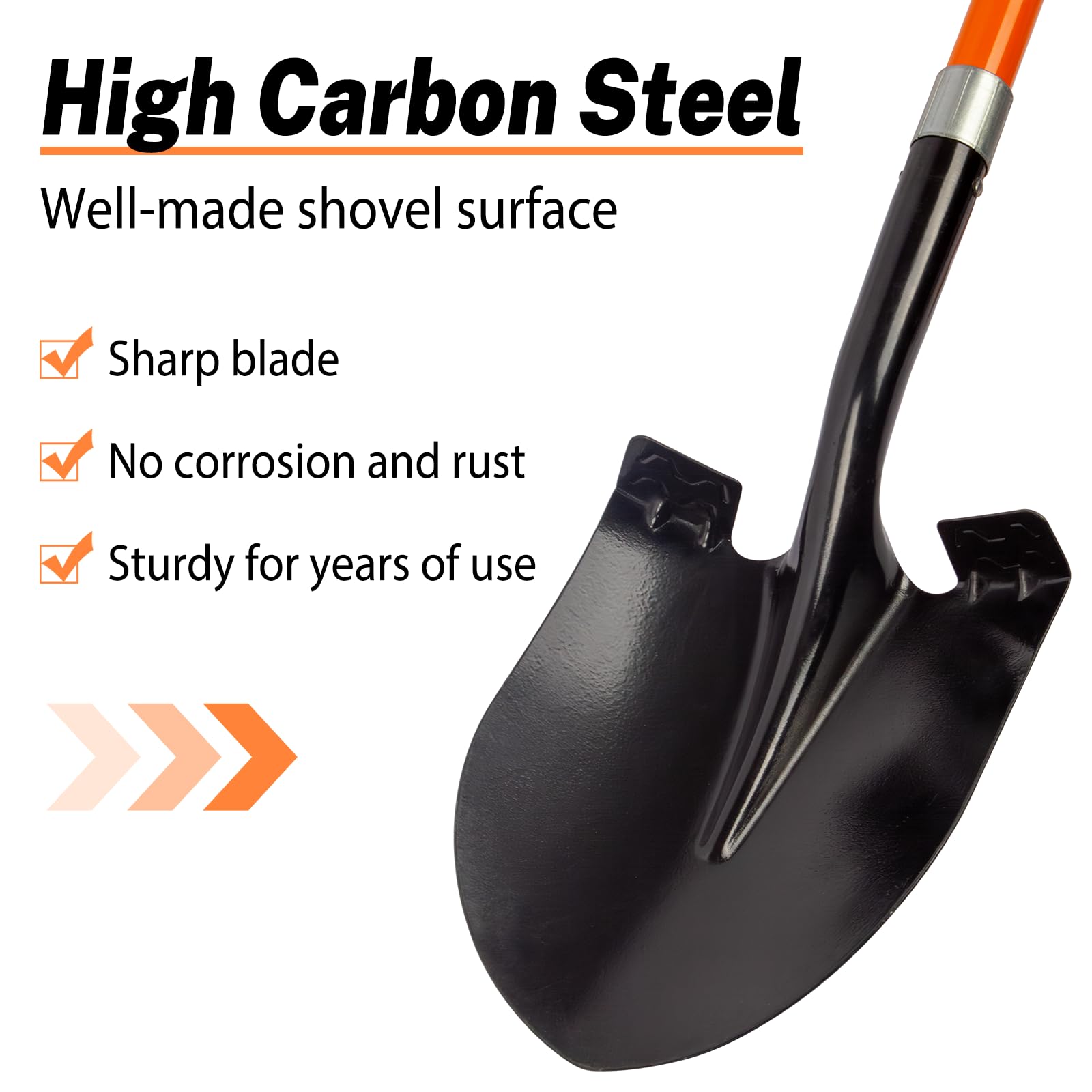 VNIMTI shovel handle close-up reveals fiberglass grip with dual non-slip areas for wet conditions