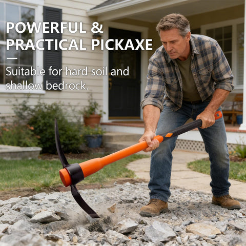 VNIMTI pick axe in garden use demonstrating digging versatility
