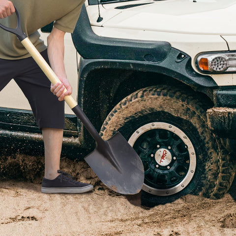 VNIMTI compact 41-inch shovel fits car trunk for camping trips.