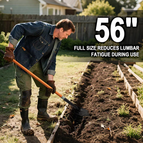 VNIMTI trench shovel digging a trench in a garden setting.