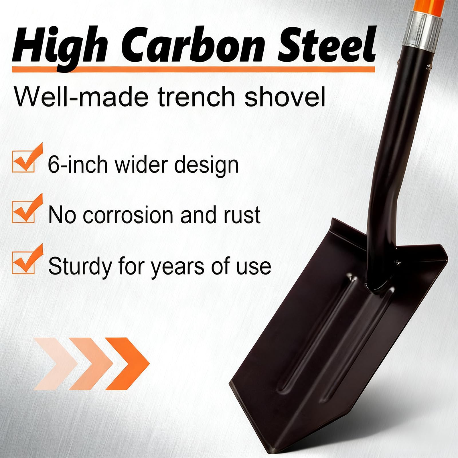 VNIMTI trench shovel side view highlighting ergonomic fiberglass handle