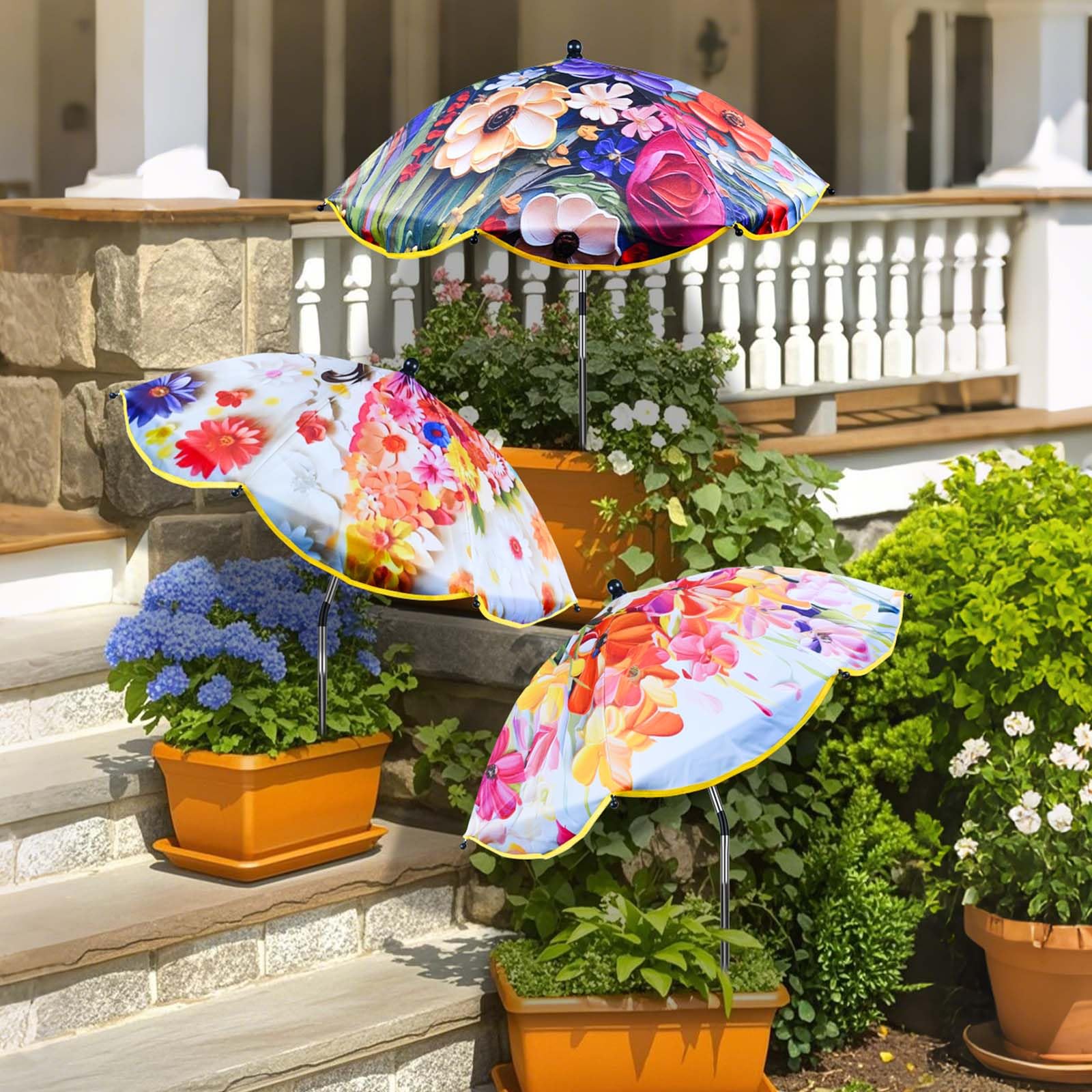 Voccos 3Pack flower plant umbrella over pots provides shaded protection.