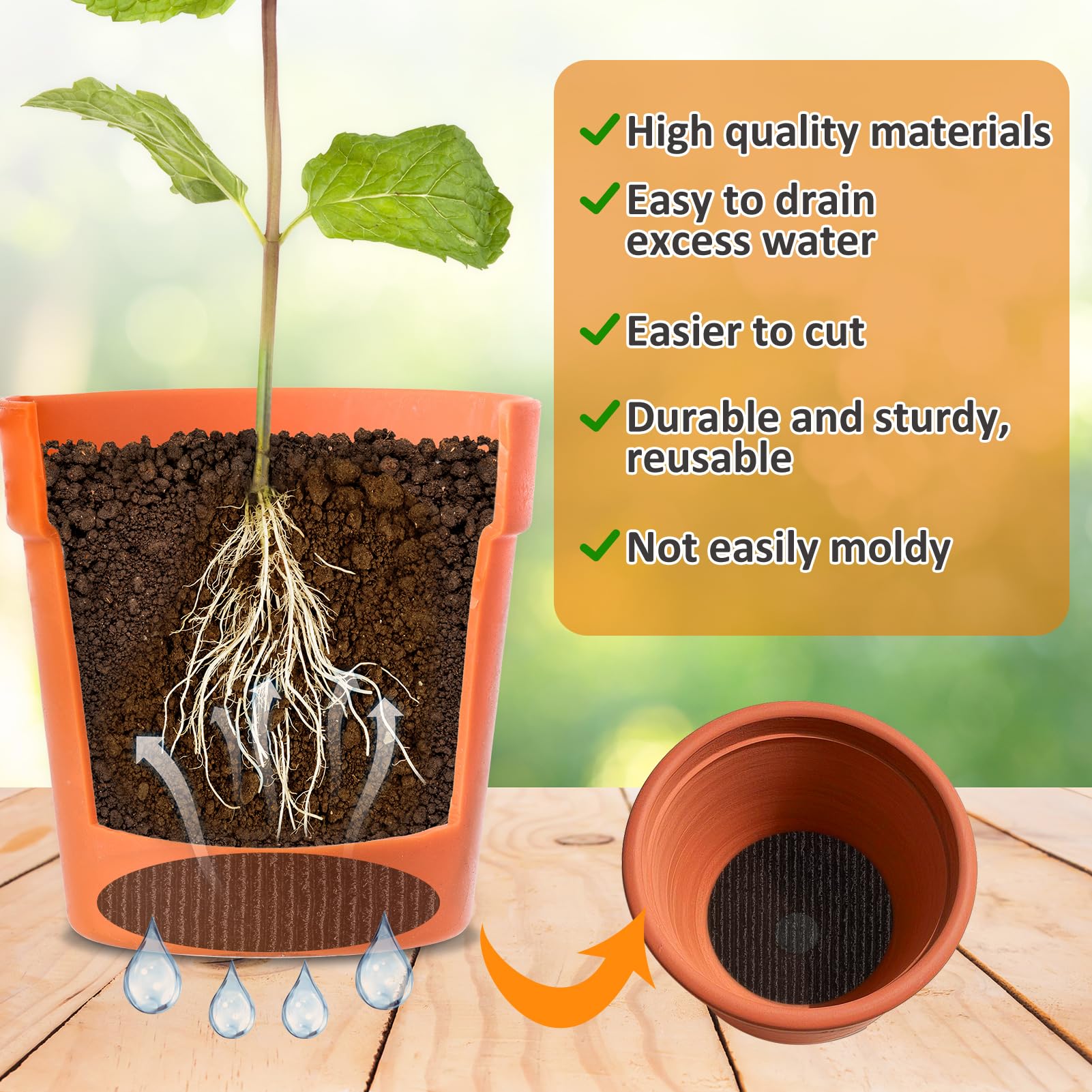 Voccos cut-and-fit disc for bonsai pots simplifying soil retention.