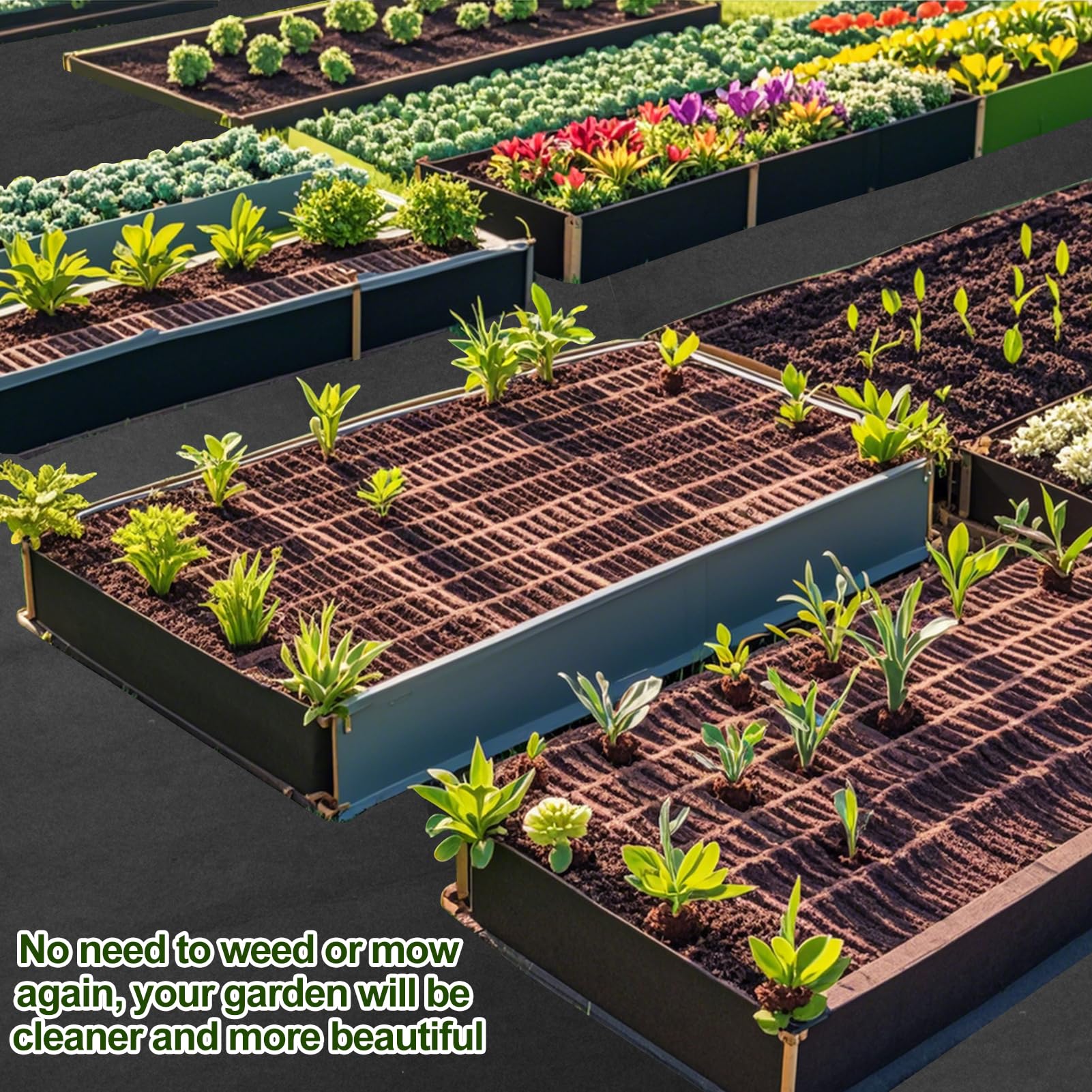 Voccos mulch mat easily spreads and secures with included ground nails.