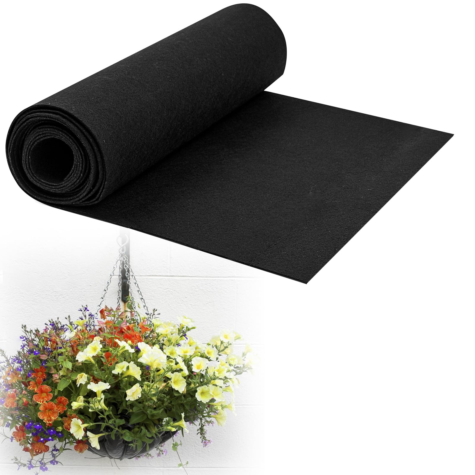 Voccos fabric planter liner roll in a basket prevents soil overflow and keeps soil neatly contained.