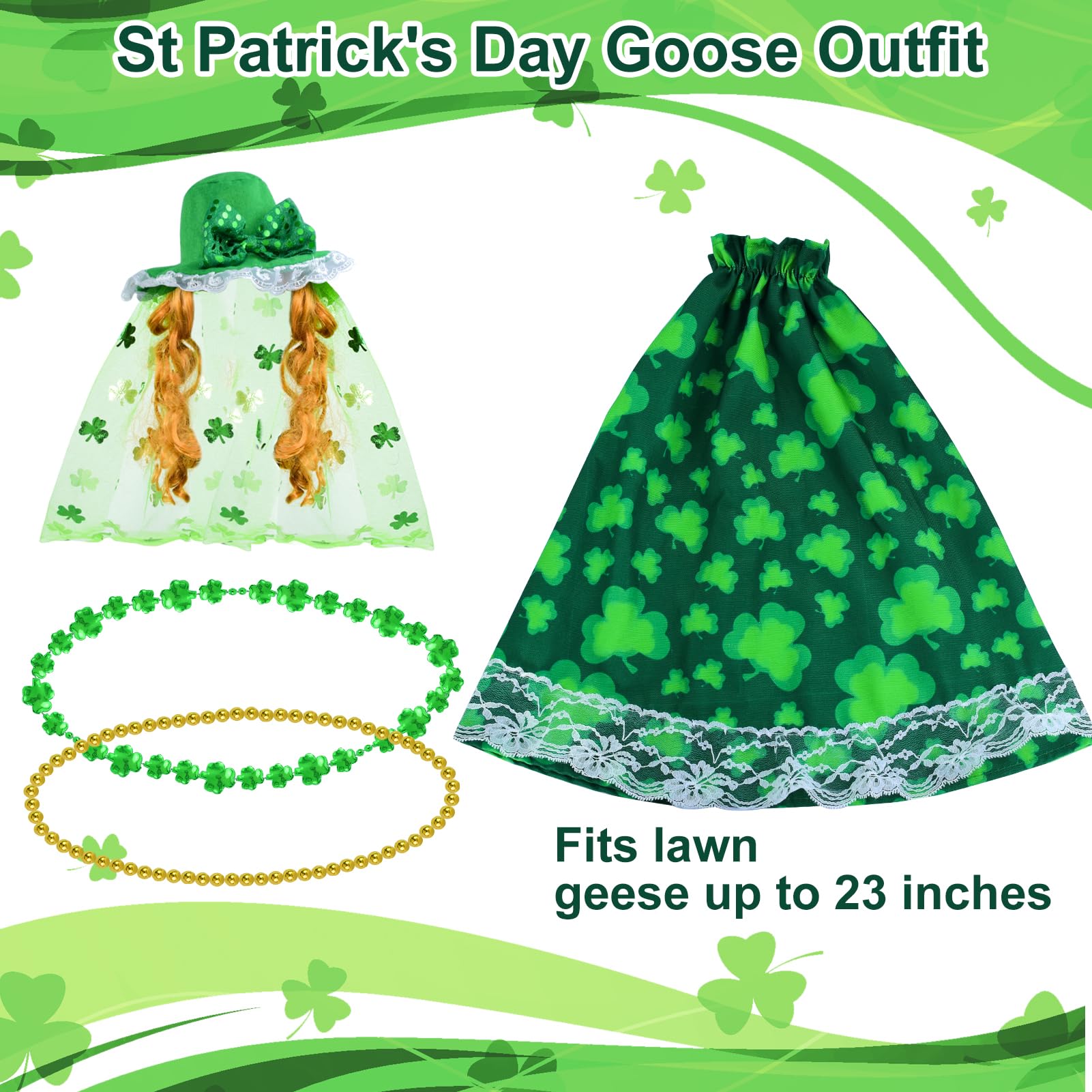 Voccos green shamrock dress and wig add bright St Patrick's flair to outdoor decor.