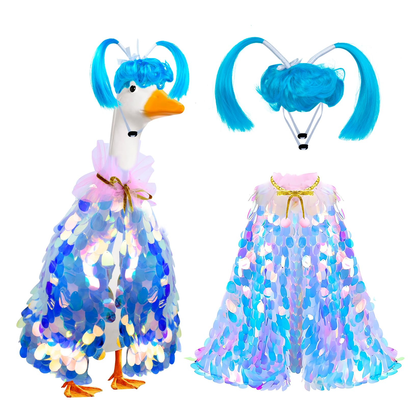 Voccos porch goose princess outfit with blue braid wig and cape adds whimsy to outdoor decor.