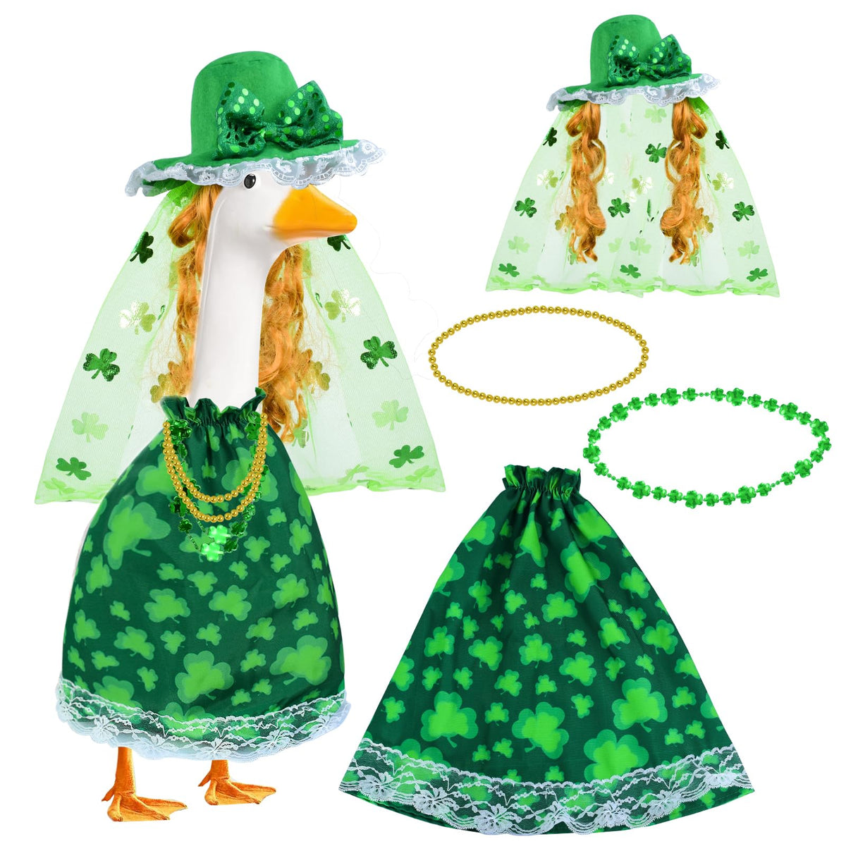 Voccos St Patrick's goose outfit with wig on a 23-inch statue for festive porch decor.