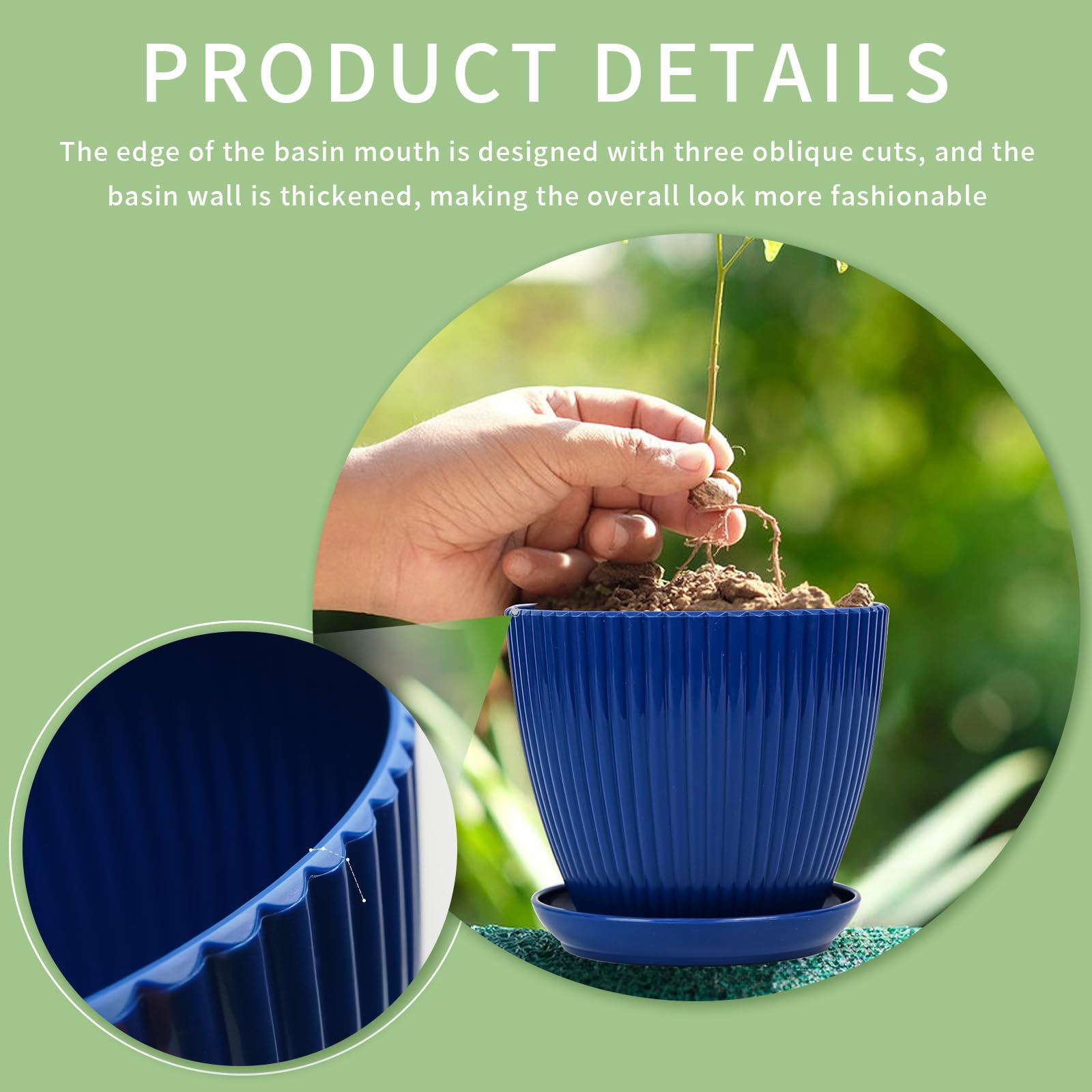 Six-pack Vodotion plant pots in dark blue fit compact, tidy greenery displays.