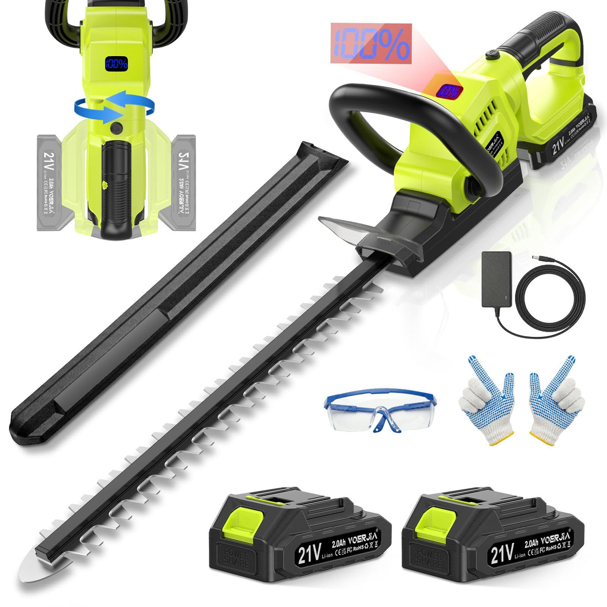VOERJIA 21V hedge trimmer with LCD display shows battery level for uninterrupted trimming