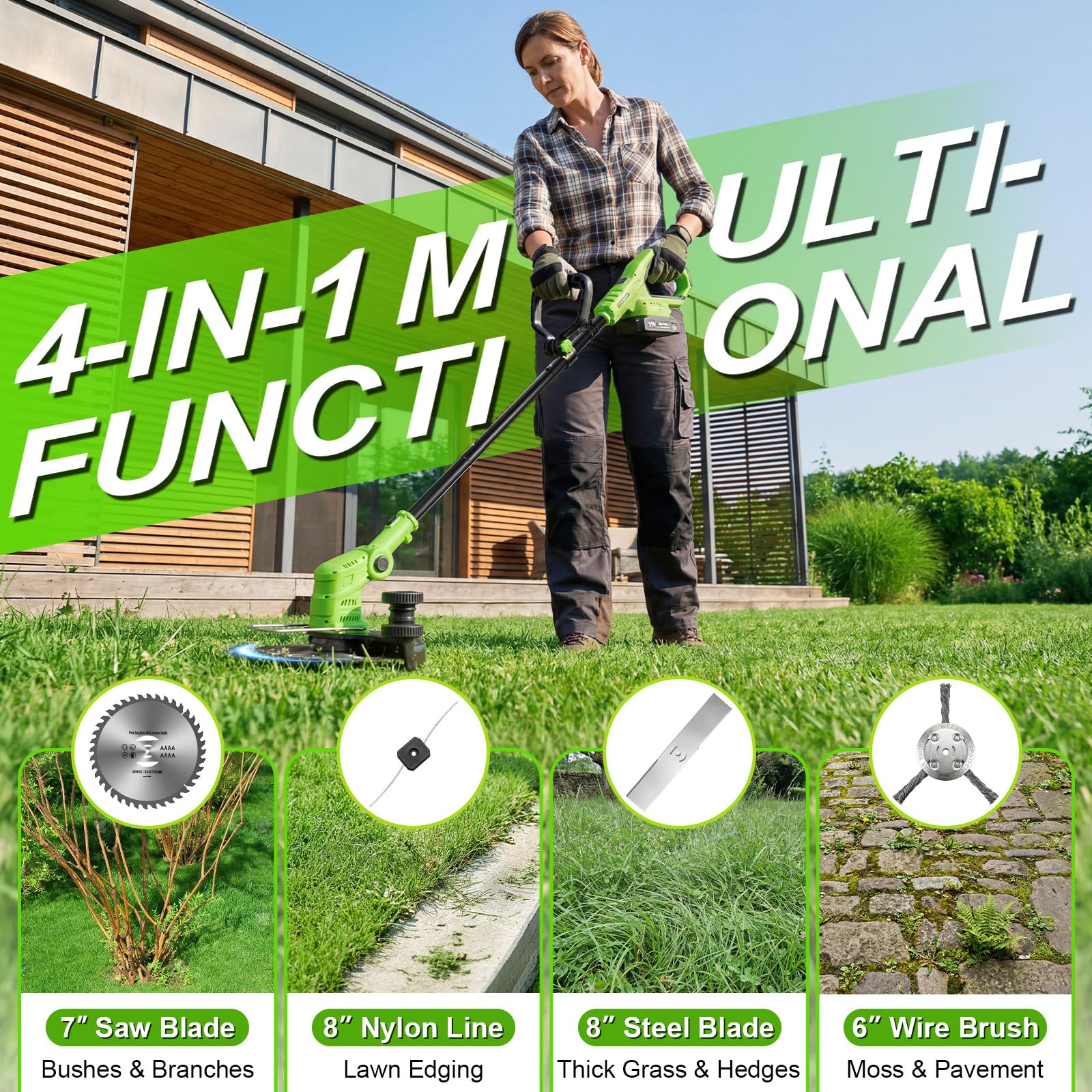 VOERJIA 21V weed wacker 4-in-1 kit with multiple attachments