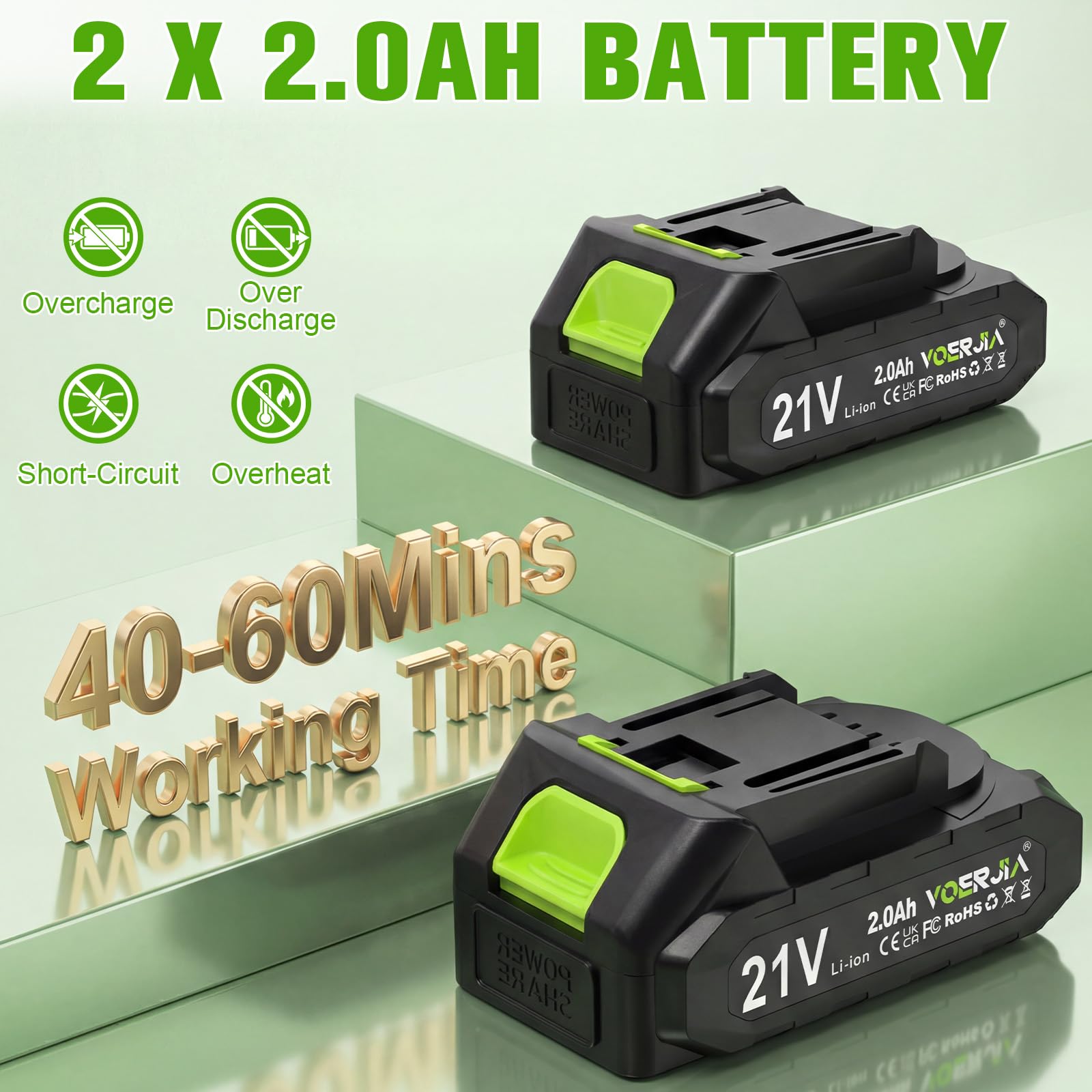 Two 2.0Ah batteries power longer trimming sessions with VOERJIA.