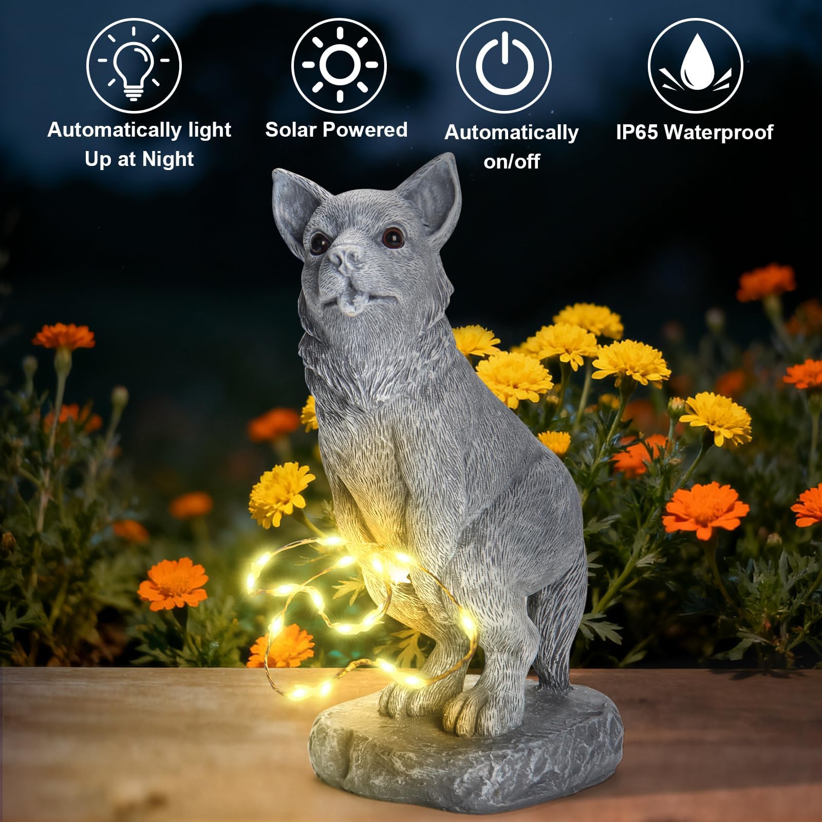VOFSTAND resin dog statue withstands weather while remaining easy to clean.