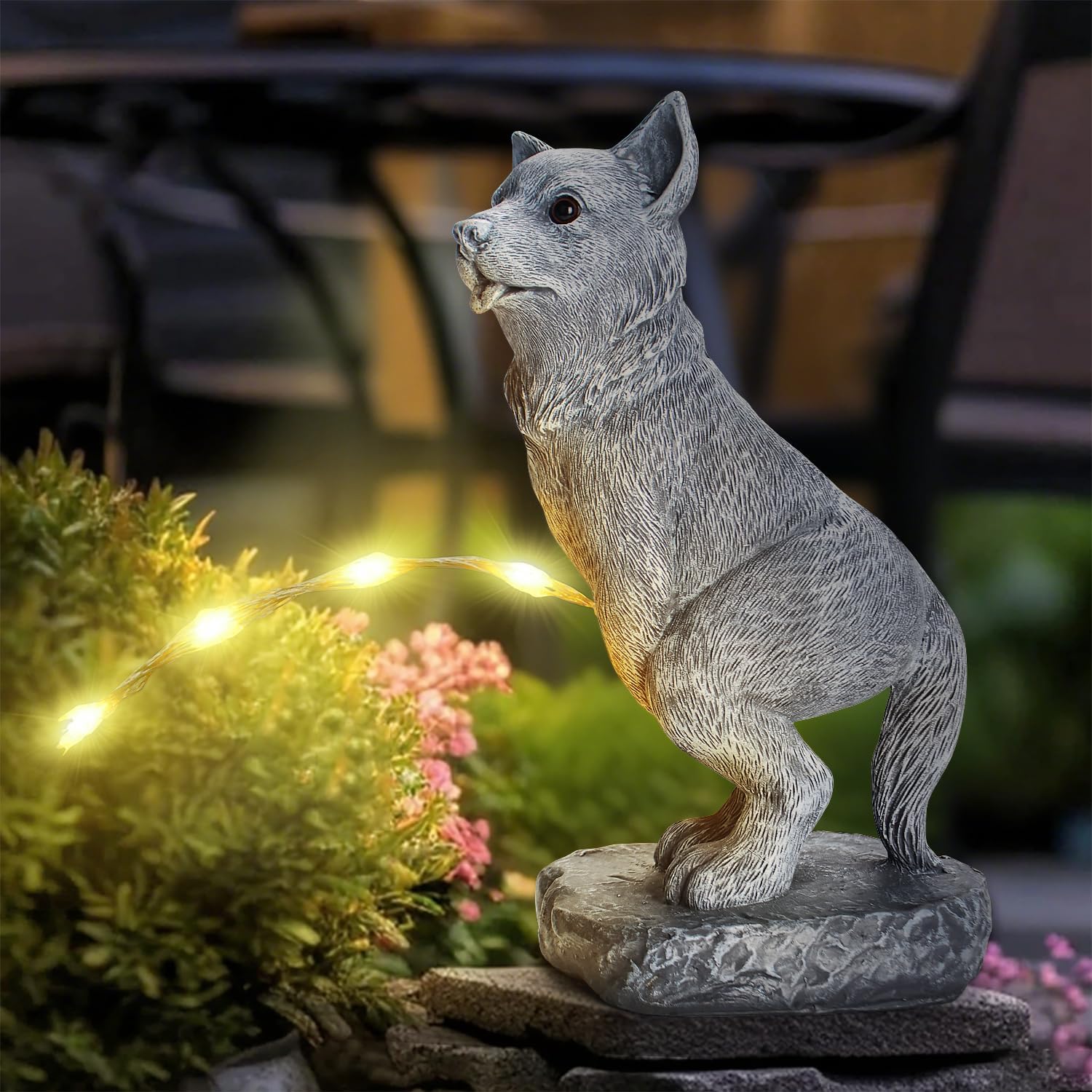 VOFSTAND waterproof statue charges via solar power for year round outdoor use.