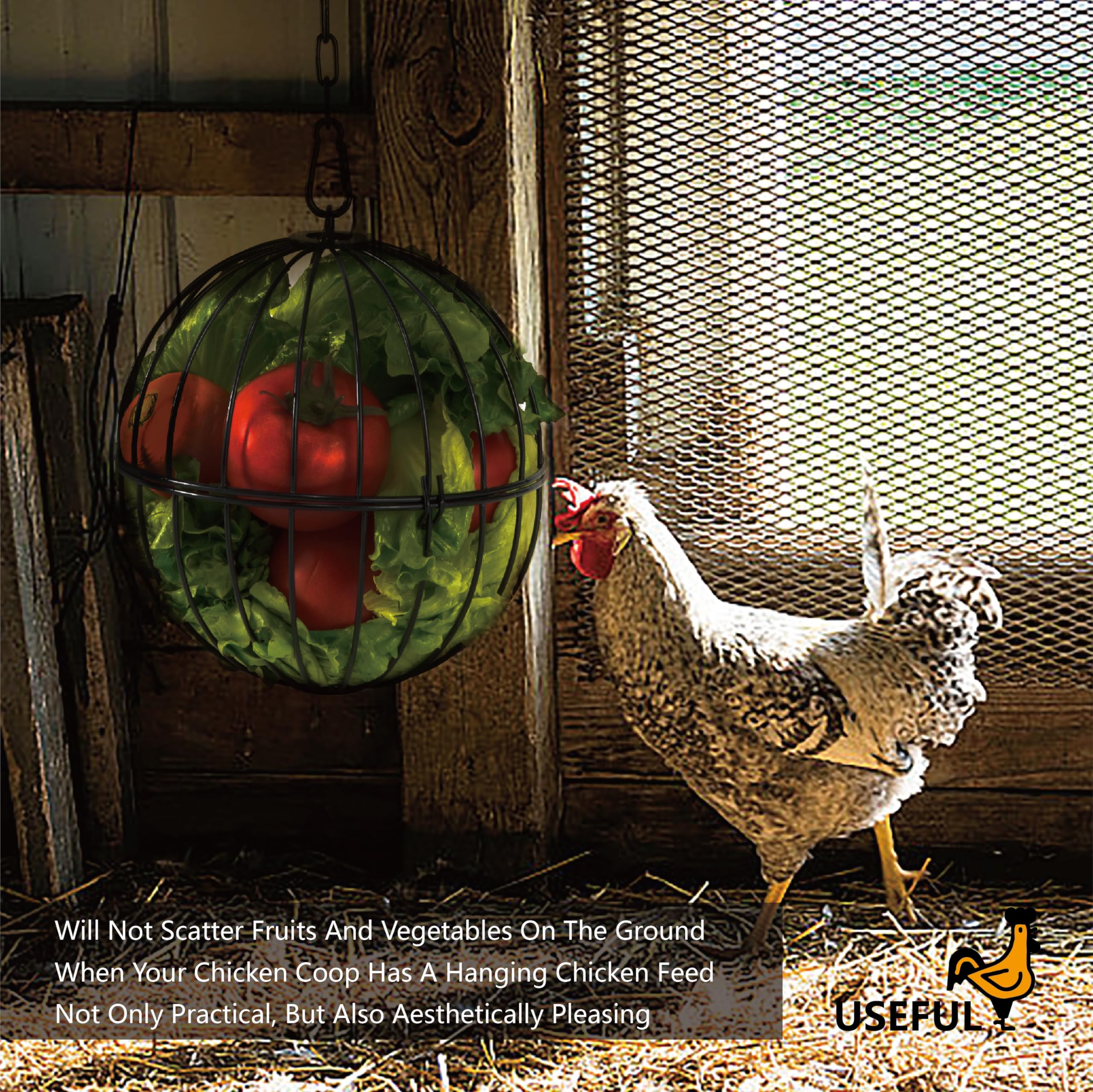 Voikm vegetable treat ball on a 20-inch chain keeps feed elevated.