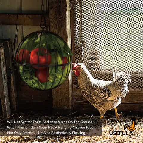 Voikm vegetable treat ball on a 20-inch chain keeps feed elevated.