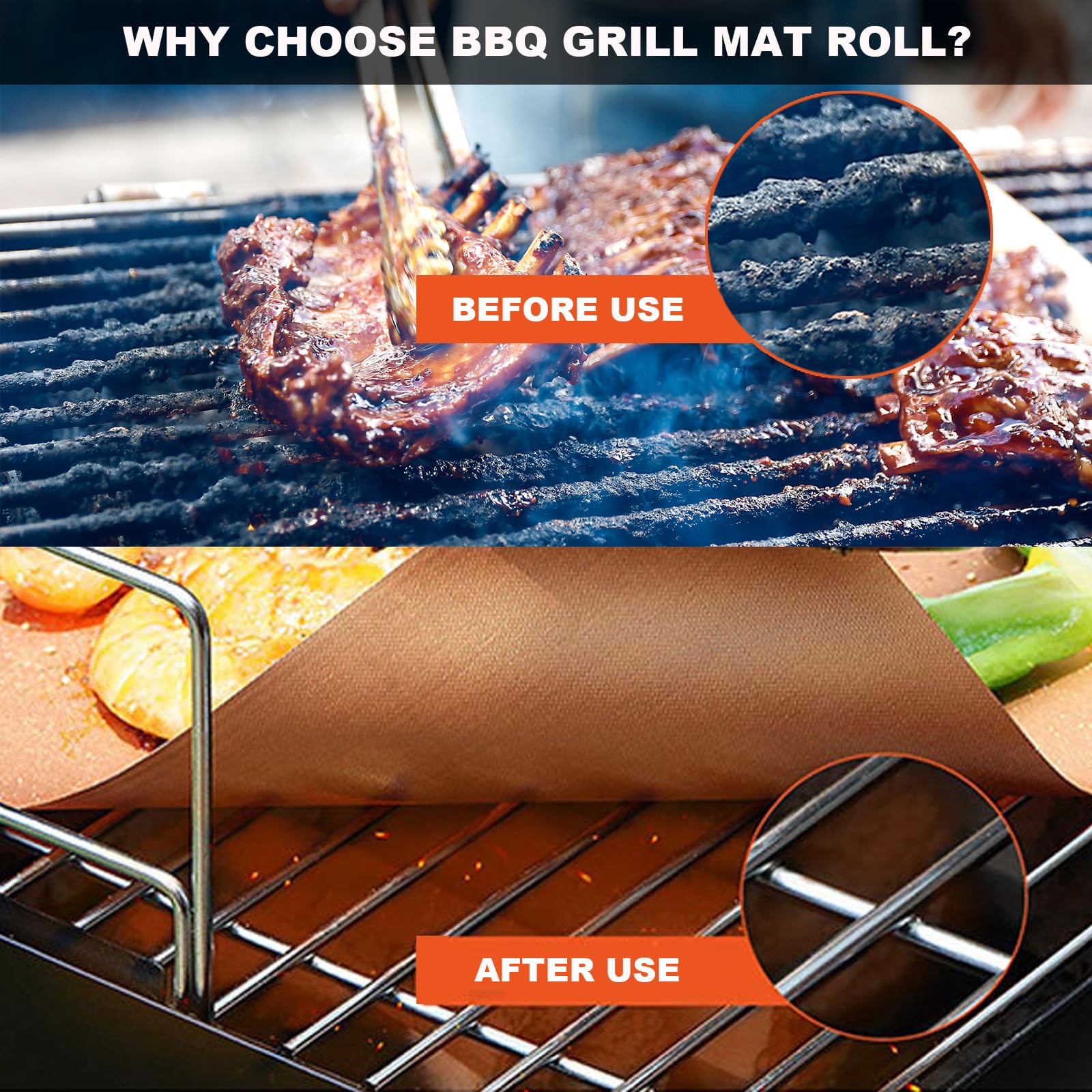 VOIRBLEU BBQ Grill Mat Roll fully covers racks to prevent spills and flare-ups.