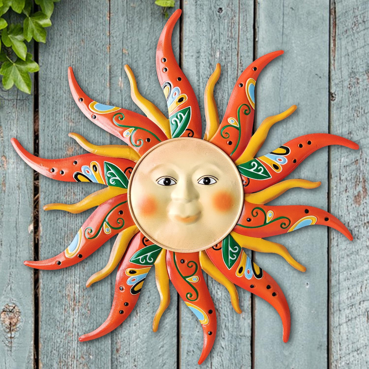 VOKPROOF sun face wall art, 17.3 inches, cheerful focal point for outdoor walls.