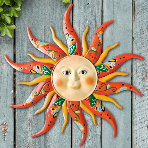 VOKPROOF sun face wall art, 17.3 inches, cheerful focal point for outdoor walls.