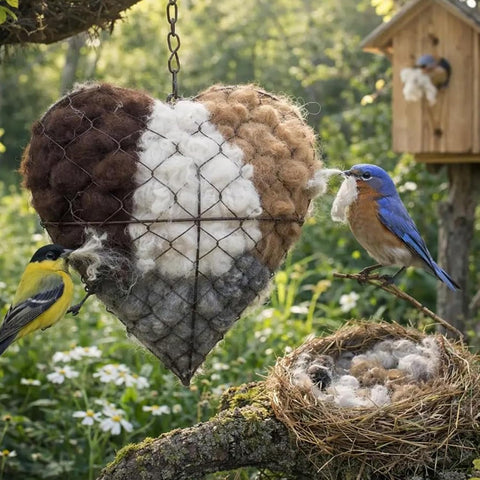 VOKSODHCK alpaca nest heart hangs in the garden offering shelter for birds.