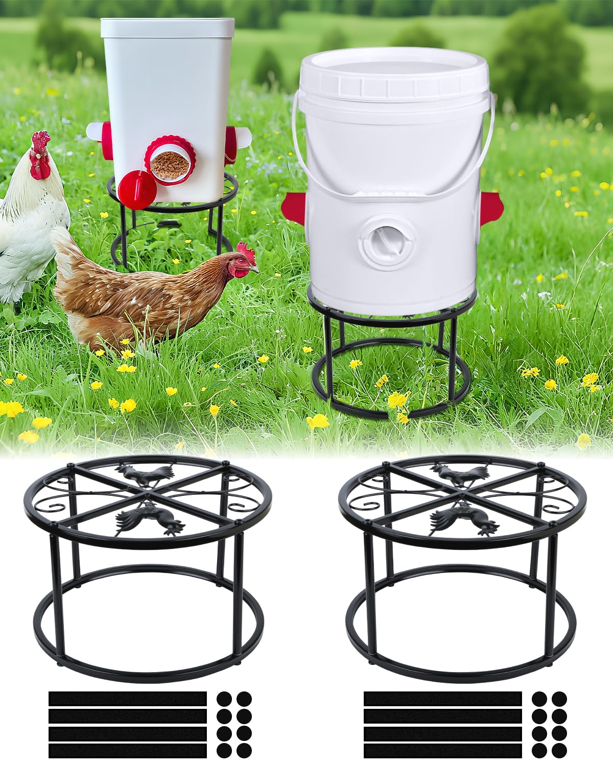 Vokvaktak two piece metal stand elevates chicken feeder and waterer for clean feeding