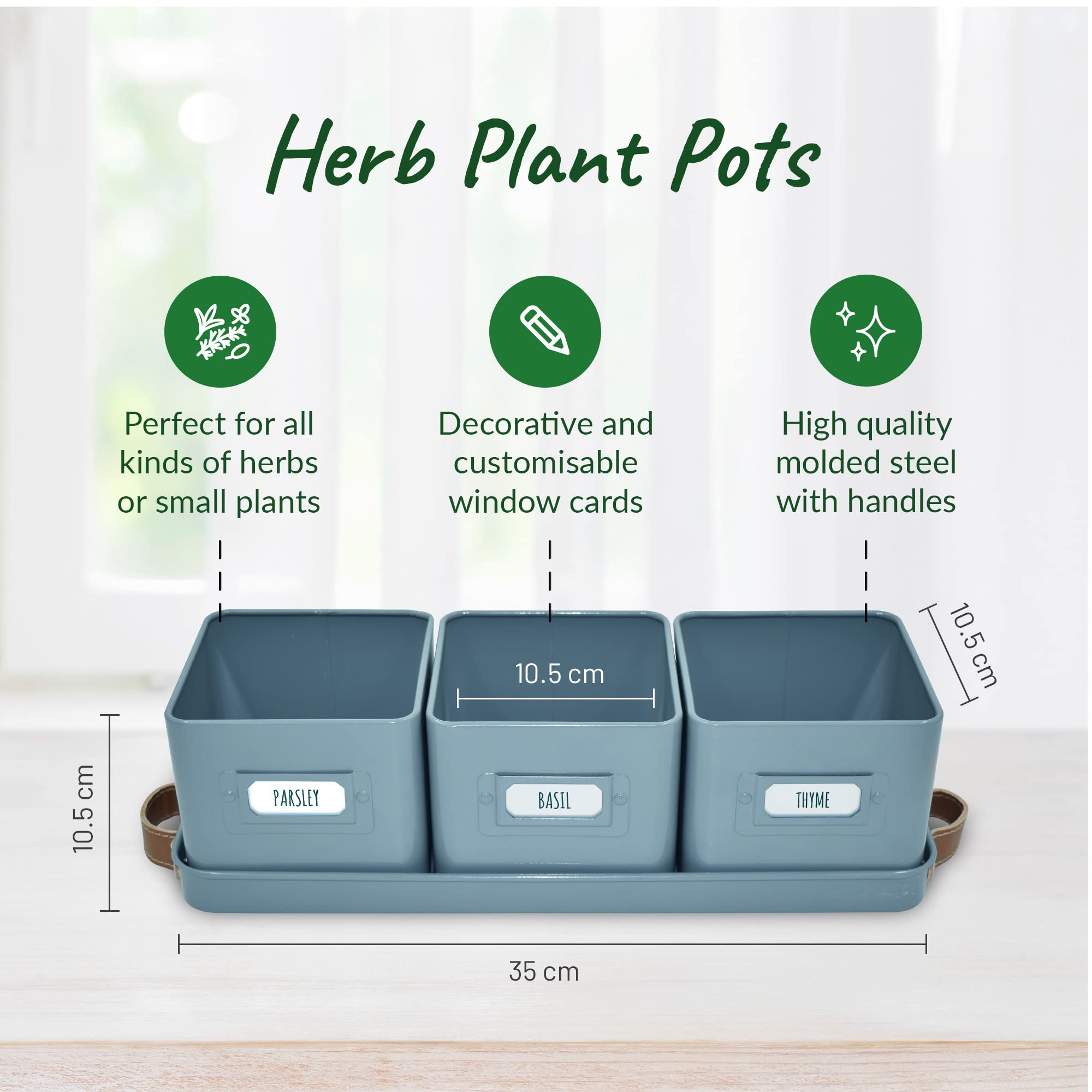Volila teal blue window-sill pots offering fresh herbs and compact decor
