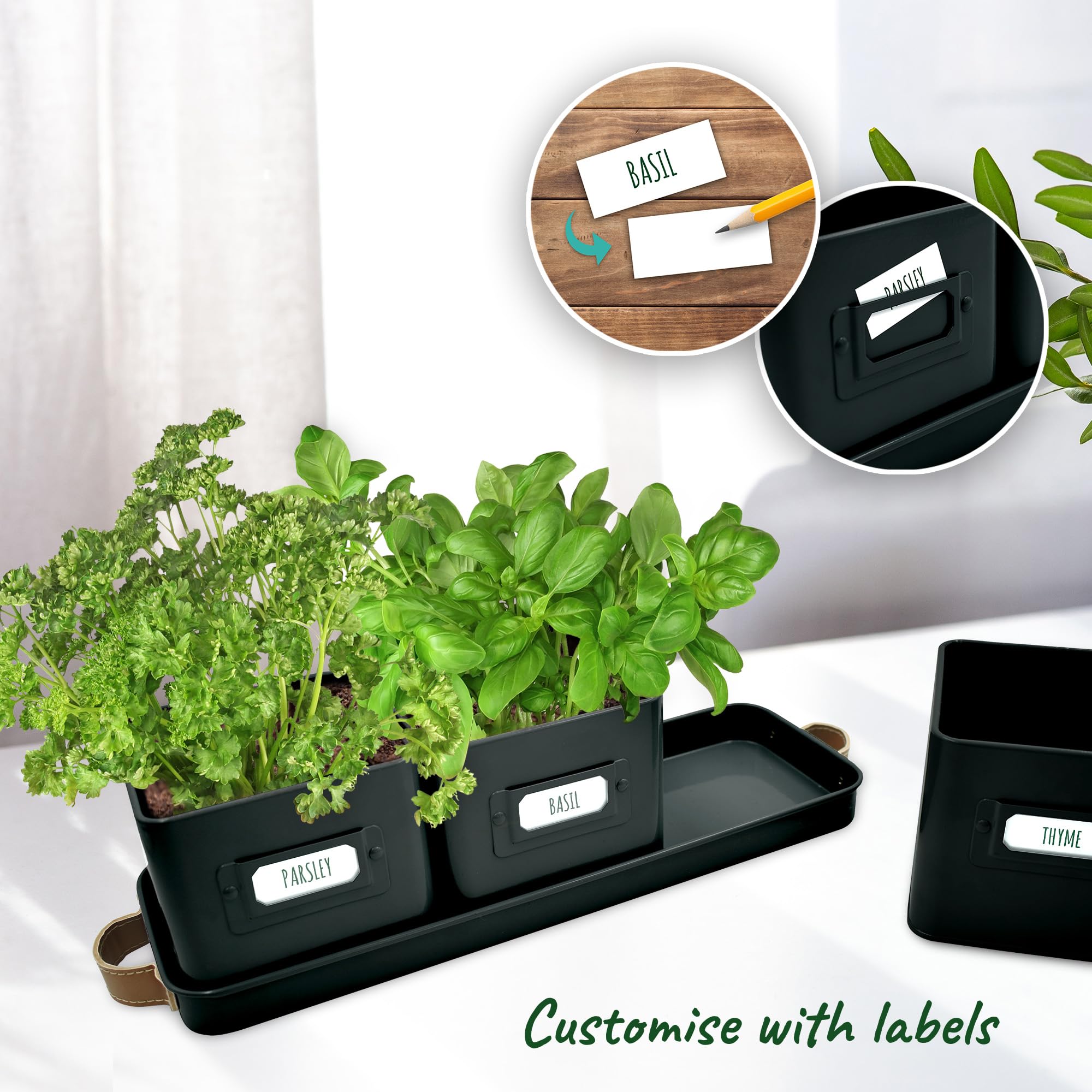 Volila window sill display with three black herb pots