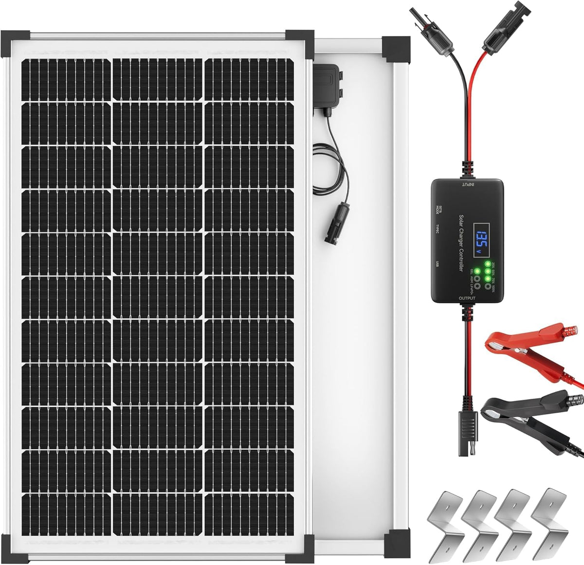 Voltset 100W solar panel captures sunlight to efficiently charge 12V batteries.